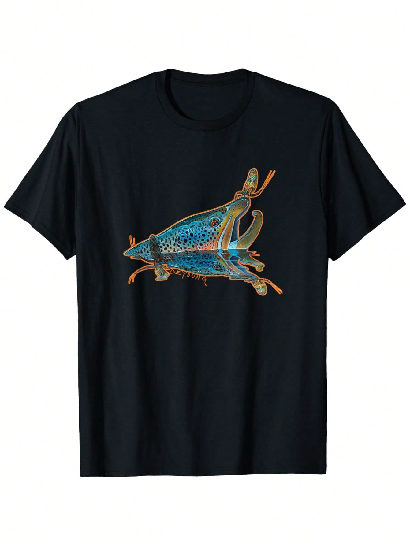 Brown Trout Fishing Emigrant Riser Fly Fishing T-Shirt - Unisex 100% Cotton Relaxed Fit Short Sleeve Tee With Vibrant Trout & Fly Design, Slight Stretch, Machine Washable, S-XXXL, Outdoor Apparel Graphic Tee Stretch Fabric,100% Pure Cotton Short Sleeved S