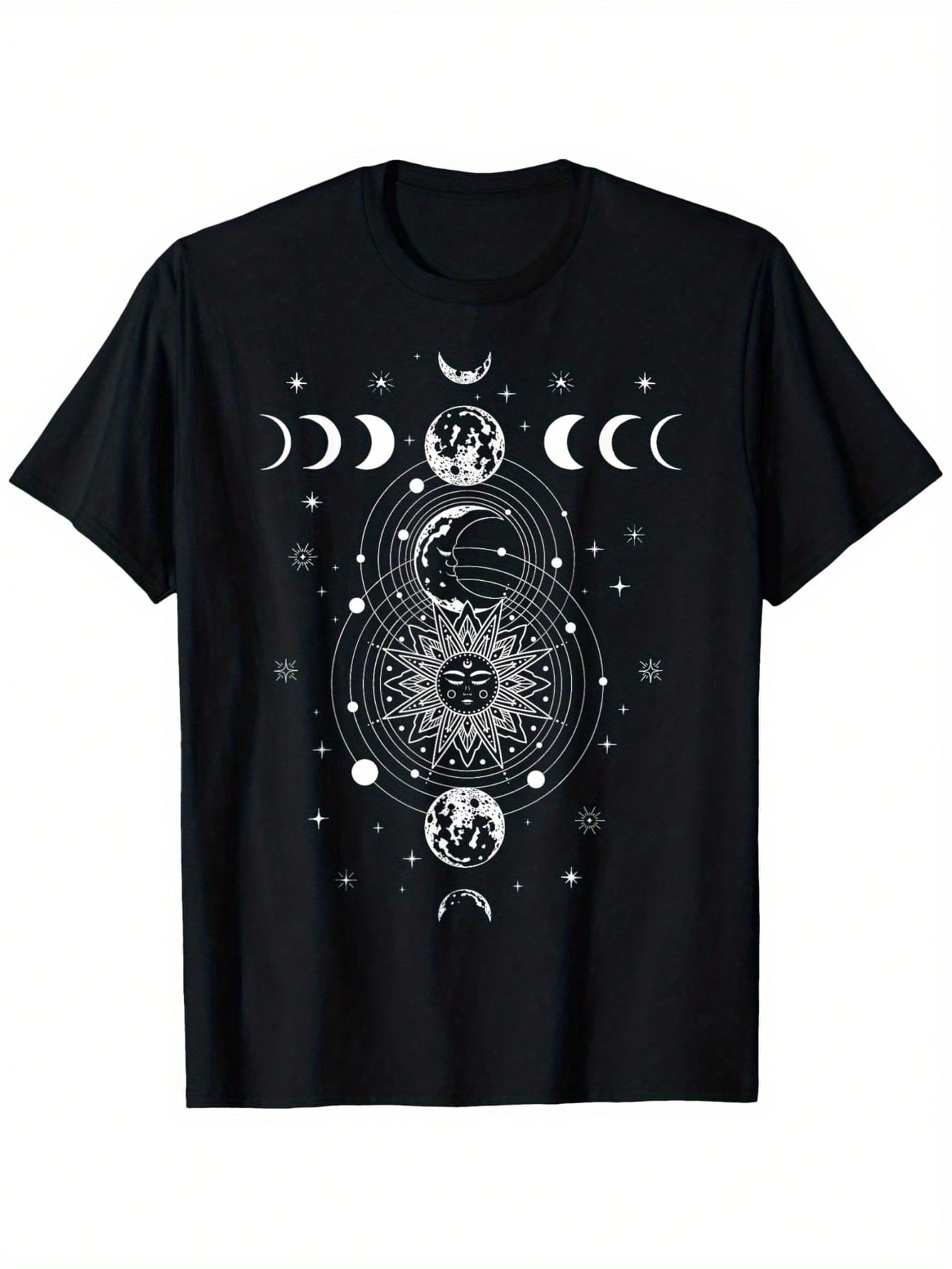 Celestial Moon Phase Sun Crystals Stars Vintage Astrology T-Shirt, A Great Gift, Unisex Cotton Casual Round Neck Outdoor Short Sleeve T-Shirt, 100% Cotton, S-XXXL,100% Pure Cotton Short Sleeved Shirt, Essential For Summer And Spring, Loose Casual Round Ne