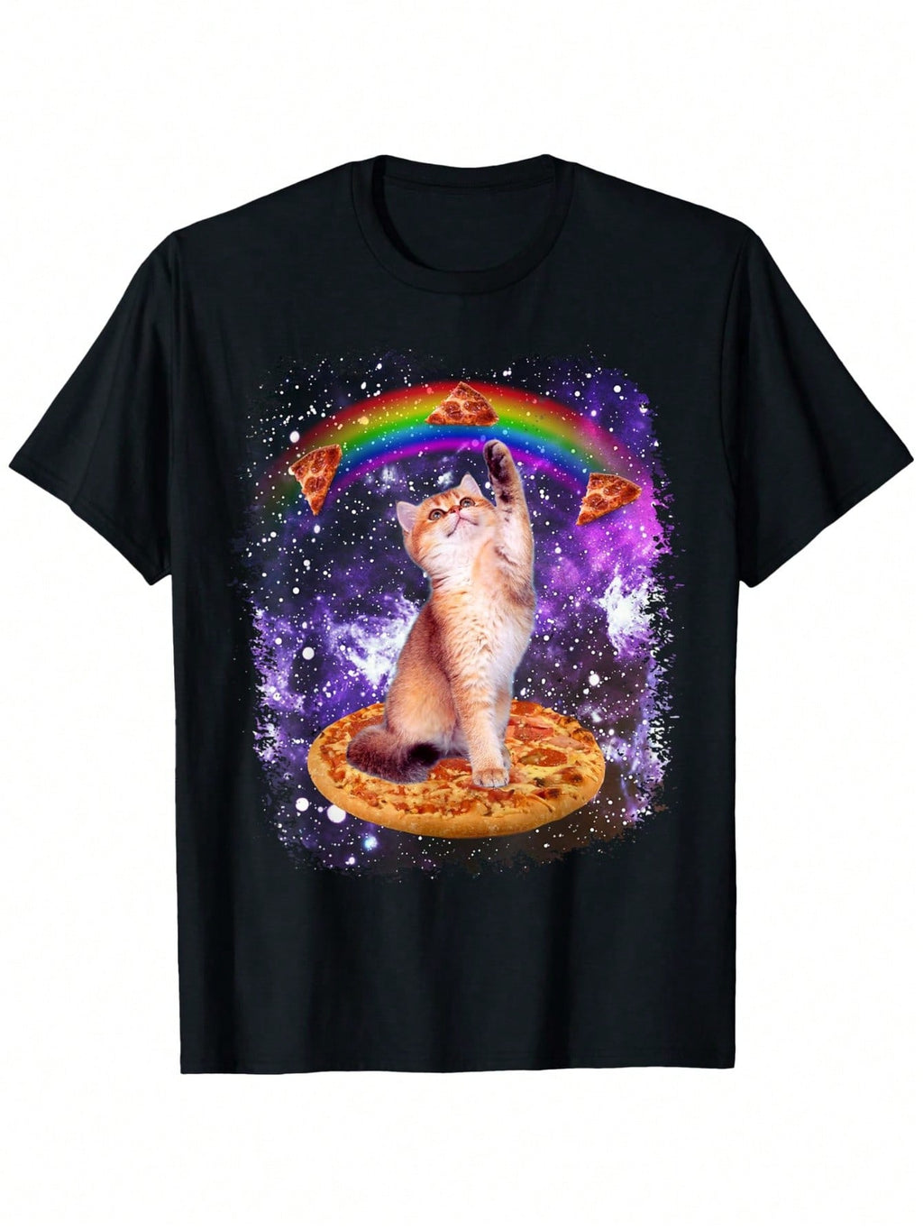 Space Cat Pizza Rainbow Cat Galaxy Cute Kitty In Space T-Shirt, Unisex Cotton Casual Round Neck Outdoor Short Sleeve T-Shirt With Slight Stretch, Slightly Elastic, 100%Cotton, S-XXXL,100% Pure Cotton Short Sleeved Shirt, Essential For Summer And Spring, L