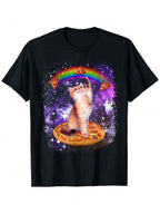 Space Cat Pizza Rainbow Cat Galaxy Cute Kitty In Space T-Shirt, Unisex Cotton Casual Round Neck Outdoor Short Sleeve T-Shirt With Slight Stretch, Slightly Elastic, 100%Cotton, S-XXXL,100% Pure Cotton Short Sleeved Shirt, Essential For Summer And Spring, L