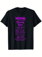 Funny Fibromyalgia Warning T-Shirt - Unisex 100% Cotton Casual Round Neck Tee With Humorous Print, Slight Stretch, Machine Washable, S-XXXL, Black With Purple Text,100% Pure Cotton Short Sleeved Shirt, Essential For Summer And Spring, Loose Casual Round N
