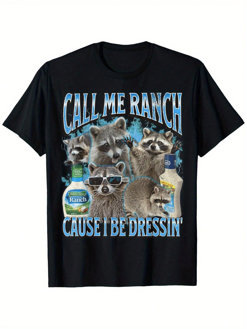 Funny Raccoon Meme Call Me Ranch Graphic T-Shirt - 100% Cotton Relaxed Fit Unisex Adult Tee With Fashion Glasses & Ranch Dressing Design, Machine Washable Casual Humor Apparel (Sizes S-XXXL), Raccoon Shirt, Casual Wear, Playful Design, Durable Print,100%
