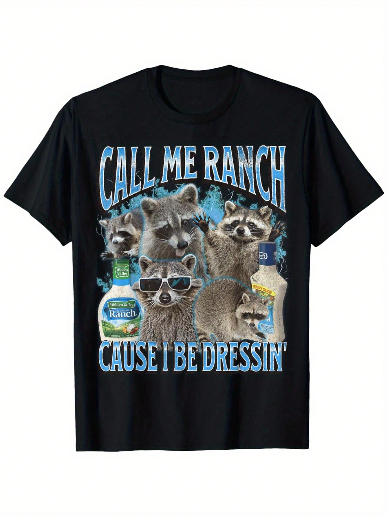 Funny Raccoon Meme Call Me Ranch Graphic T-Shirt - 100% Cotton Relaxed Fit Unisex Adult Tee With Fashion Glasses & Ranch Dressing Design, Machine Washable Casual Humor Apparel (Sizes S-XXXL), Raccoon Shirt, Casual Wear, Playful Design, Durable Print,100%