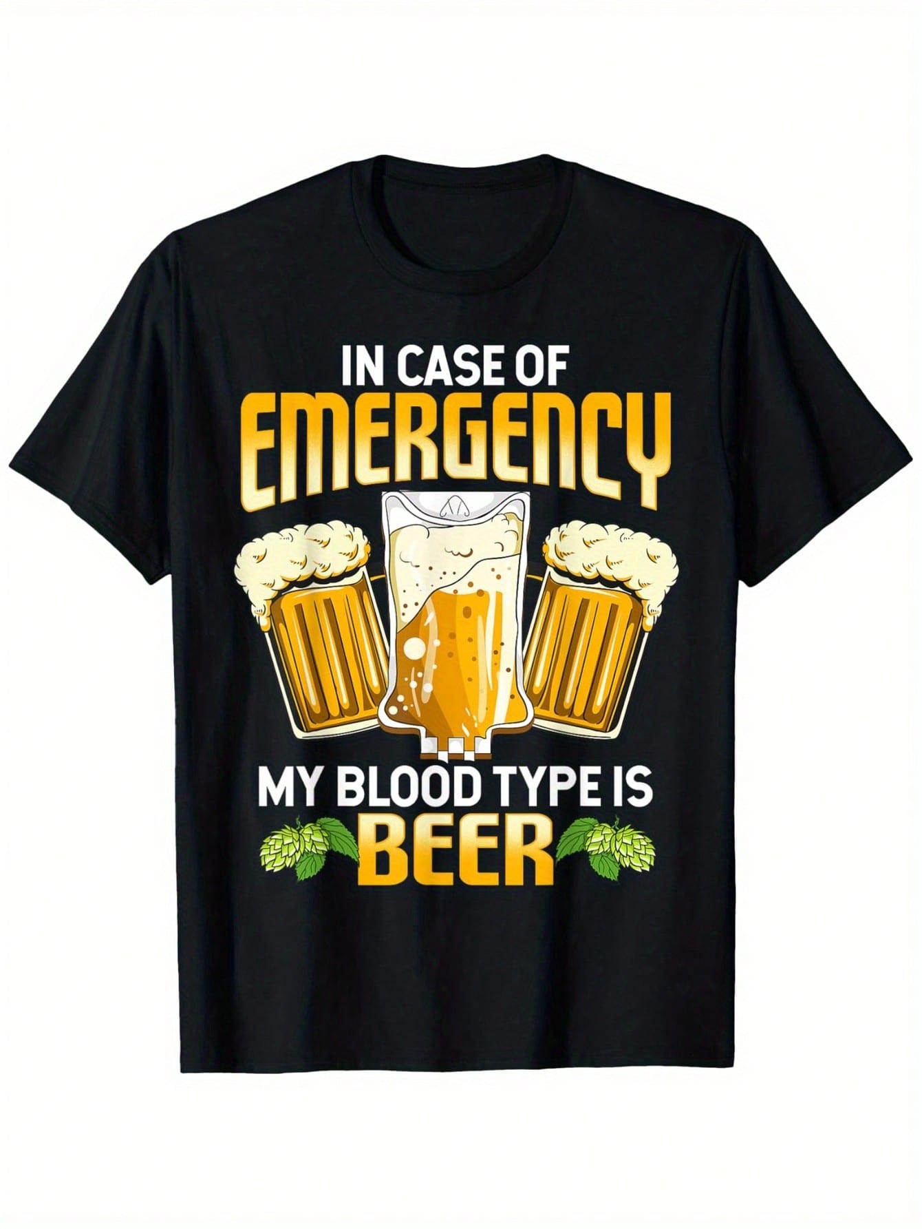 Funny In Case Of Emergency My Blood Type Is Beer Graphic T-Shirt For Men - 100% Cotton Relaxed Fit Casual Tee With Humorous Beer Mug Design, Machine Washable, Sizes S-XXXL, Allseason Apparel, Playful Print Shirt, Durable Print Quality,100% Pure Cotton Sho
