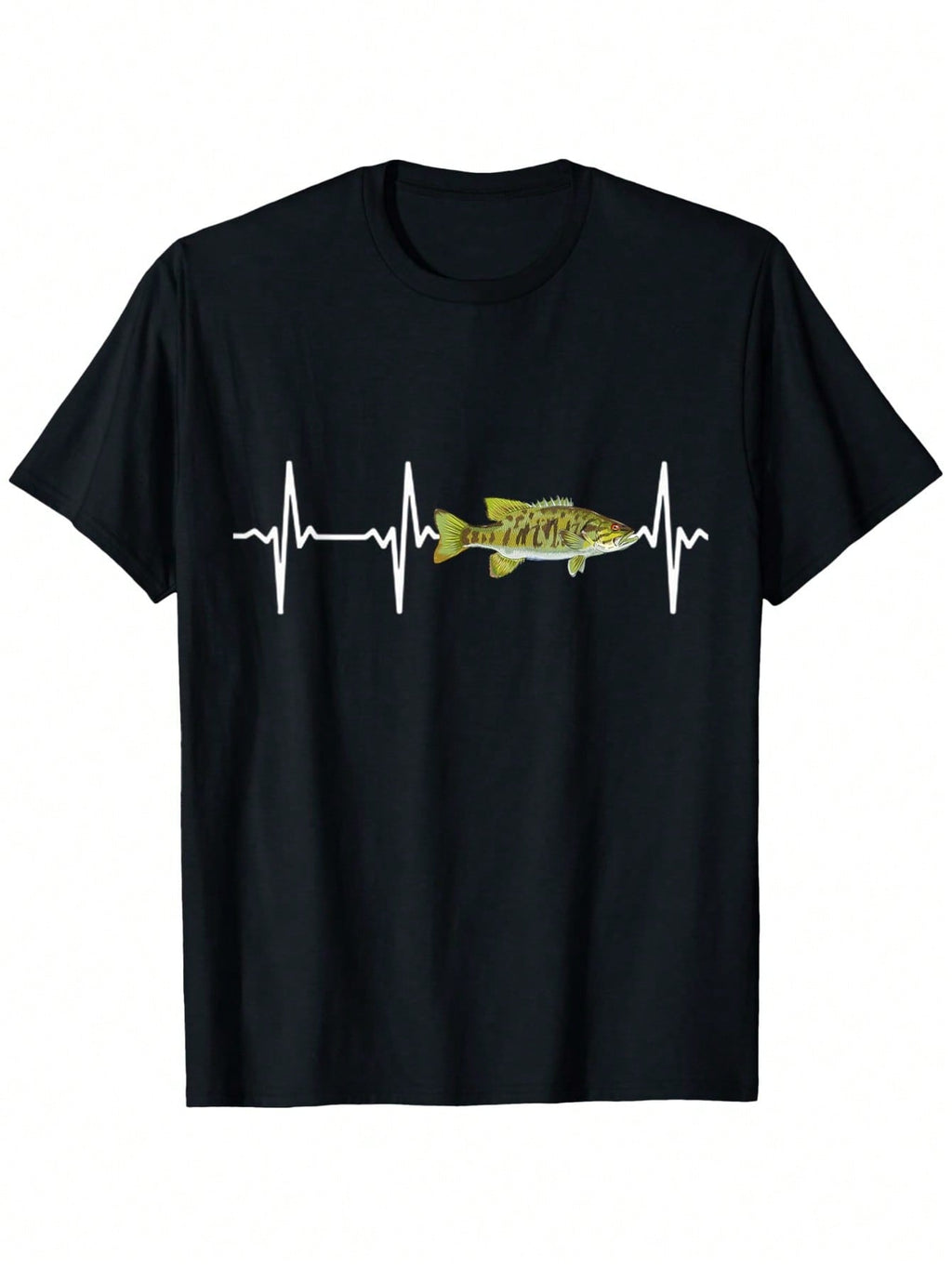 Smallmouth Bass Heartbeat Graphic Fishing T-Shirt - 100% Cotton Relaxed Fit Unisex Tee With Slight Stretch, Black Casual Outdoor Shirt For Freshwater Anglers (S-XXXL), Fishing Shirt,100% Pure Cotton Short Sleeved Shirt, Essential For Summer And Spring, Lo