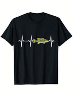 Smallmouth Bass Heartbeat Graphic Fishing T-Shirt - 100% Cotton Relaxed Fit Unisex Tee With Slight Stretch, Black Casual Outdoor Shirt For Freshwater Anglers (S-XXXL), Fishing Shirt,100% Pure Cotton Short Sleeved Shirt, Essential For Summer And Spring, Lo