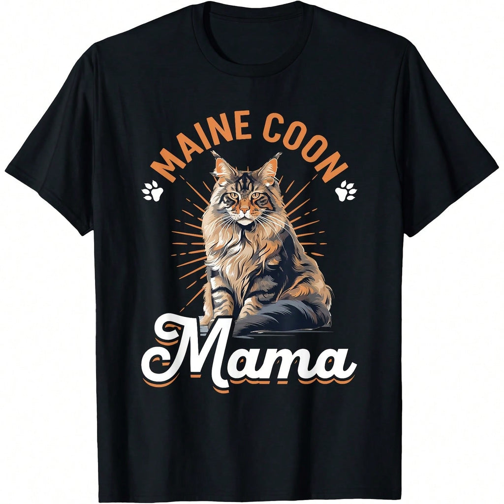 Maine Coon Mama 100% Cotton T-Shirt, Regular Fit, Short Sleeve, Knit Fabric, Cartoon Pattern, With Machine Washable For Pet Lovers,100% Pure Cotton Short Sleeved Shirt, Essential For Summer And Spring, Loose Casual Round Neck, Men's Letter Printed T-Shirt