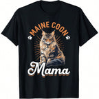 Maine Coon Mama 100% Cotton T-Shirt, Regular Fit, Short Sleeve, Knit Fabric, Cartoon Pattern, With Machine Washable For Pet Lovers,100% Pure Cotton Short Sleeved Shirt, Essential For Summer And Spring, Loose Casual Round Neck, Men's Letter Printed T-Shirt