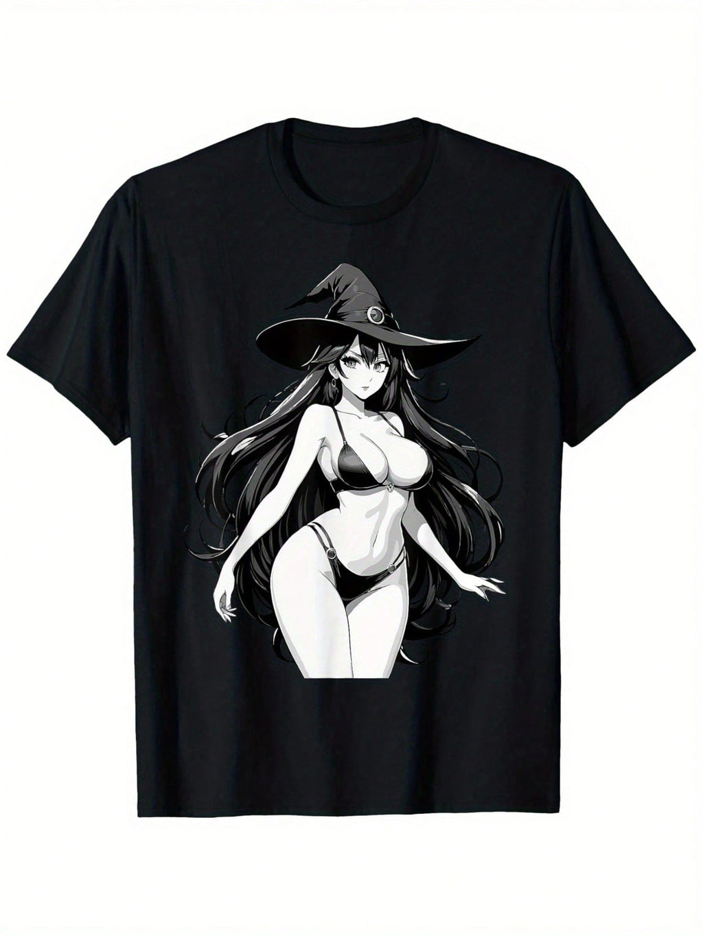 Sexy Waifu Witch Anime Japanese Black & White Art Graphic T-Shirt - Unisex 100% Cotton Relaxed Fit Tee With Slight Stretch, Casual Round Neck Short Sleeve Shirt For Men & Women (S-XXXL), Unisex Clothing Bold Print Top Comfortable Clothing, Anime Clothes,1
