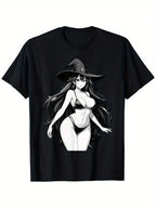 Sexy Waifu Witch Anime Japanese Black & White Art Graphic T-Shirt - Unisex 100% Cotton Relaxed Fit Tee With Slight Stretch, Casual Round Neck Short Sleeve Shirt For Men & Women (S-XXXL), Unisex Clothing Bold Print Top Comfortable Clothing, Anime Clothes,1
