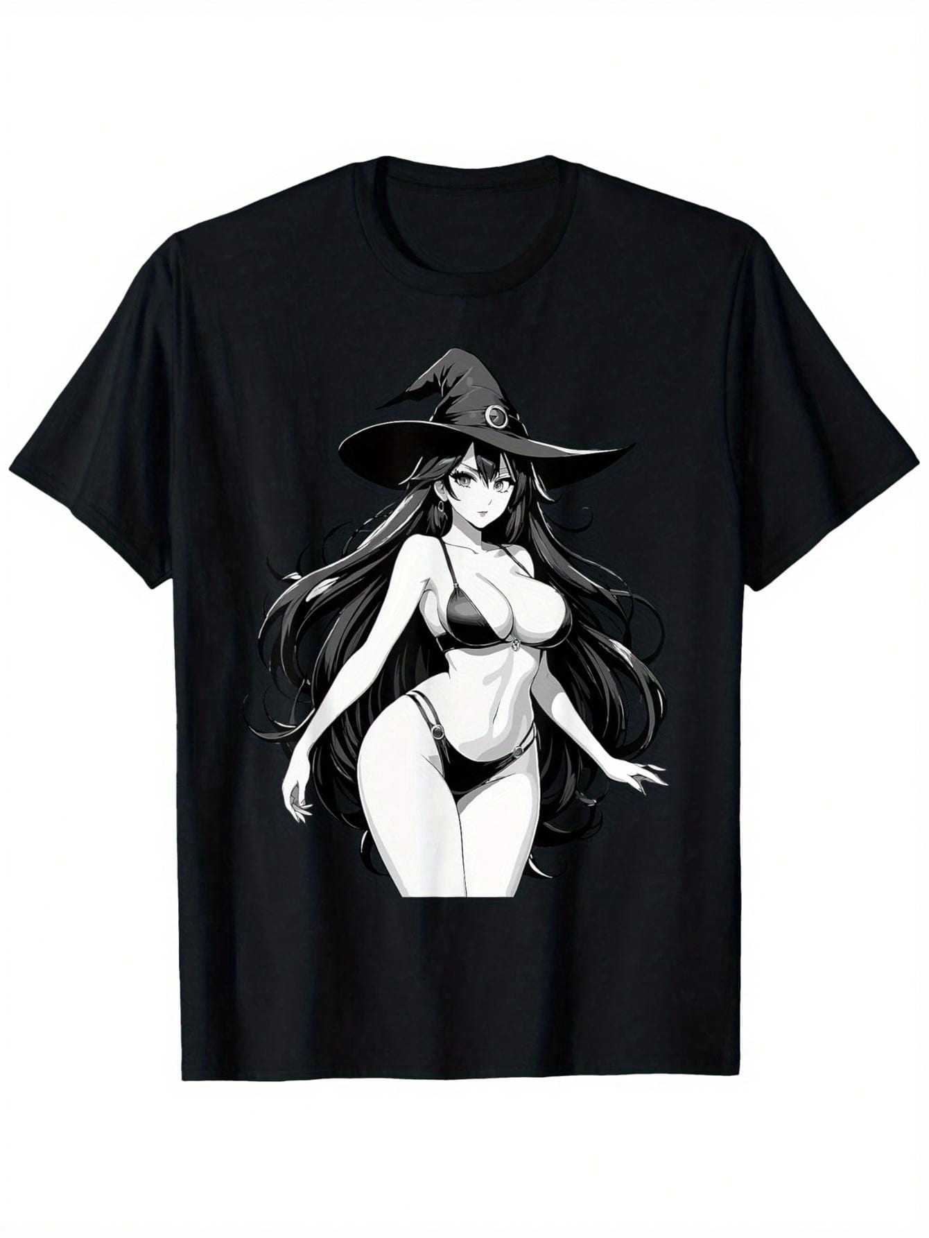 Sexy Waifu Witch Anime Japanese Black & White Art Graphic T-Shirt - Unisex 100% Cotton Relaxed Fit Tee With Slight Stretch, Casual Round Neck Short Sleeve Shirt For Men & Women (S-XXXL), Unisex Clothing Bold Print Top Comfortable Clothing, Anime Clothes,1
