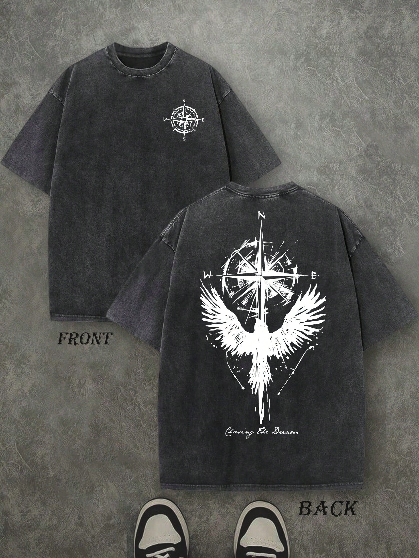 Retro Washed T-Shirt Double Sided Printed (230 Pure Cotton T-Shirt) 'Compass And Eagle'  Letter And Compass Pattern Print,  The Perfect Gift, Mens TShirt, Mens Casual, Comfortable, Fashionable T-Shirt, Street Style Cotton