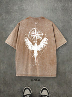 Retro Washed T-Shirt Double Sided Printed (230 Pure Cotton T-Shirt) 'Compass And Eagle'  Letter And Compass Pattern Print,  The Perfect Gift, Mens TShirt, Mens Casual, Comfortable, Fashionable T-Shirt, Street Style Cotton