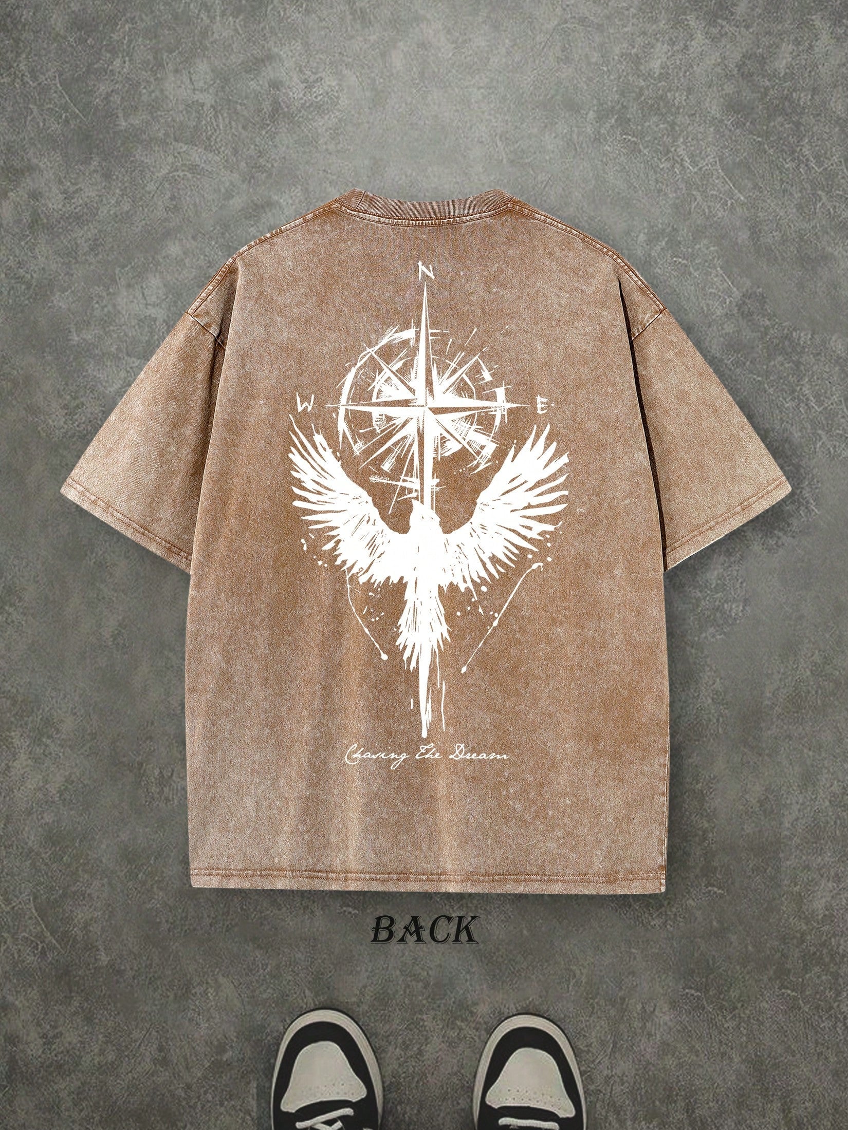 Retro Washed T-Shirt Double Sided Printed (230 Pure Cotton T-Shirt) 'Compass And Eagle'  Letter And Compass Pattern Print,  The Perfect Gift, Mens TShirt, Mens Casual, Comfortable, Fashionable T-Shirt, Street Style Cotton