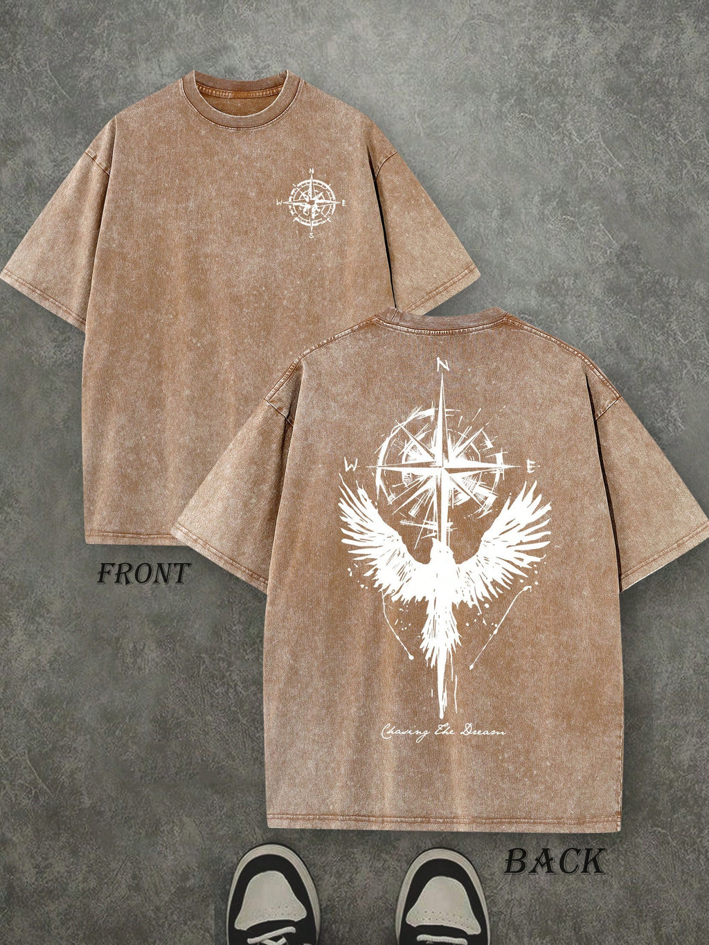 Retro Washed T-Shirt Double Sided Printed (230 Pure Cotton T-Shirt) 'Compass And Eagle'  Letter And Compass Pattern Print,  The Perfect Gift, Mens TShirt, Mens Casual, Comfortable, Fashionable T-Shirt, Street Style Cotton
