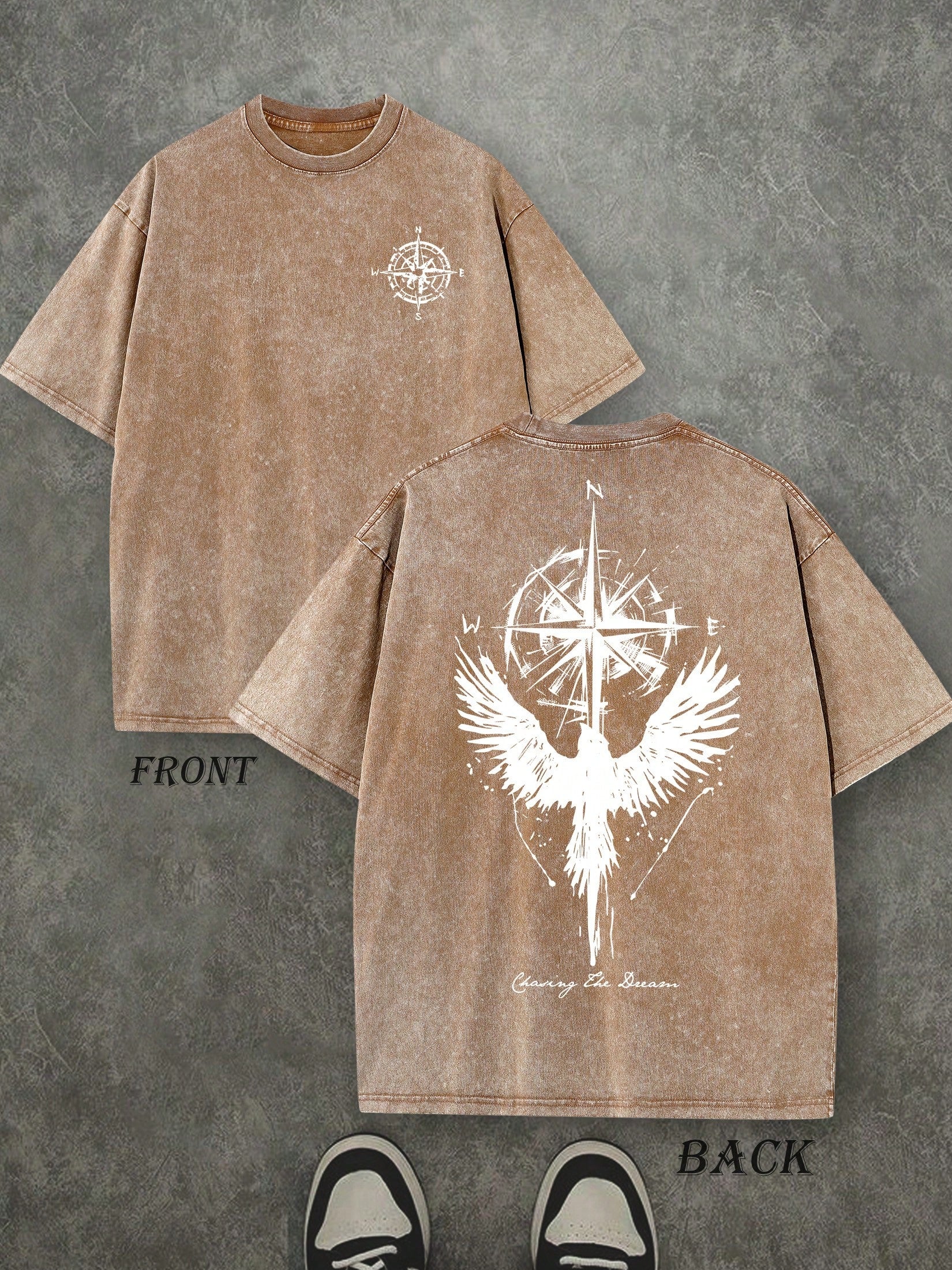Retro Washed T-Shirt Double Sided Printed (230 Pure Cotton T-Shirt) 'Compass And Eagle'  Letter And Compass Pattern Print,  The Perfect Gift, Mens TShirt, Mens Casual, Comfortable, Fashionable T-Shirt, Street Style Cotton