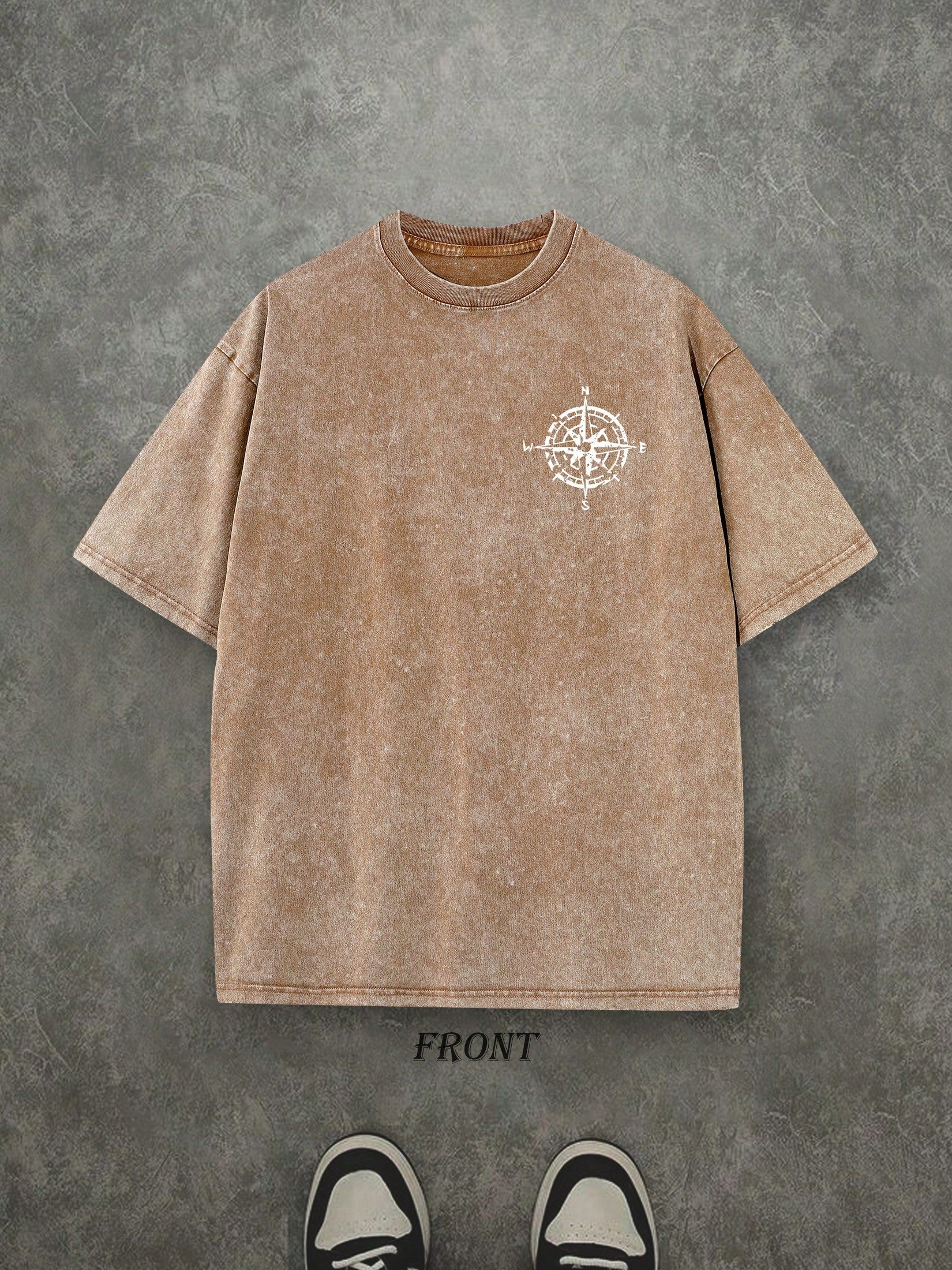 Retro Washed T-Shirt Double Sided Printed (230 Pure Cotton T-Shirt) 'Compass And Eagle'  Letter And Compass Pattern Print,  The Perfect Gift, Mens TShirt, Mens Casual, Comfortable, Fashionable T-Shirt, Street Style Cotton