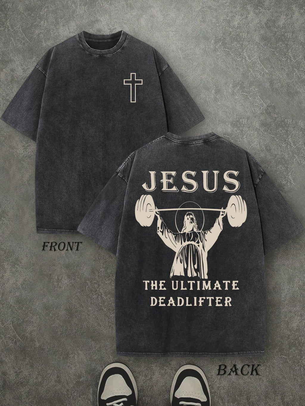 Retro Washed T-Shirt Double Sided Printed (230 Pure Cotton T-Shirt) 'JESUS THE ULTIMATE DEADLIFTER'  Letter And Fitness Pattern Print,  Christian Gift, Fitness Gift, Mens TShirt, Mens Casual, Comfortable, Fashionable T-Shirt, Street Style Cotton