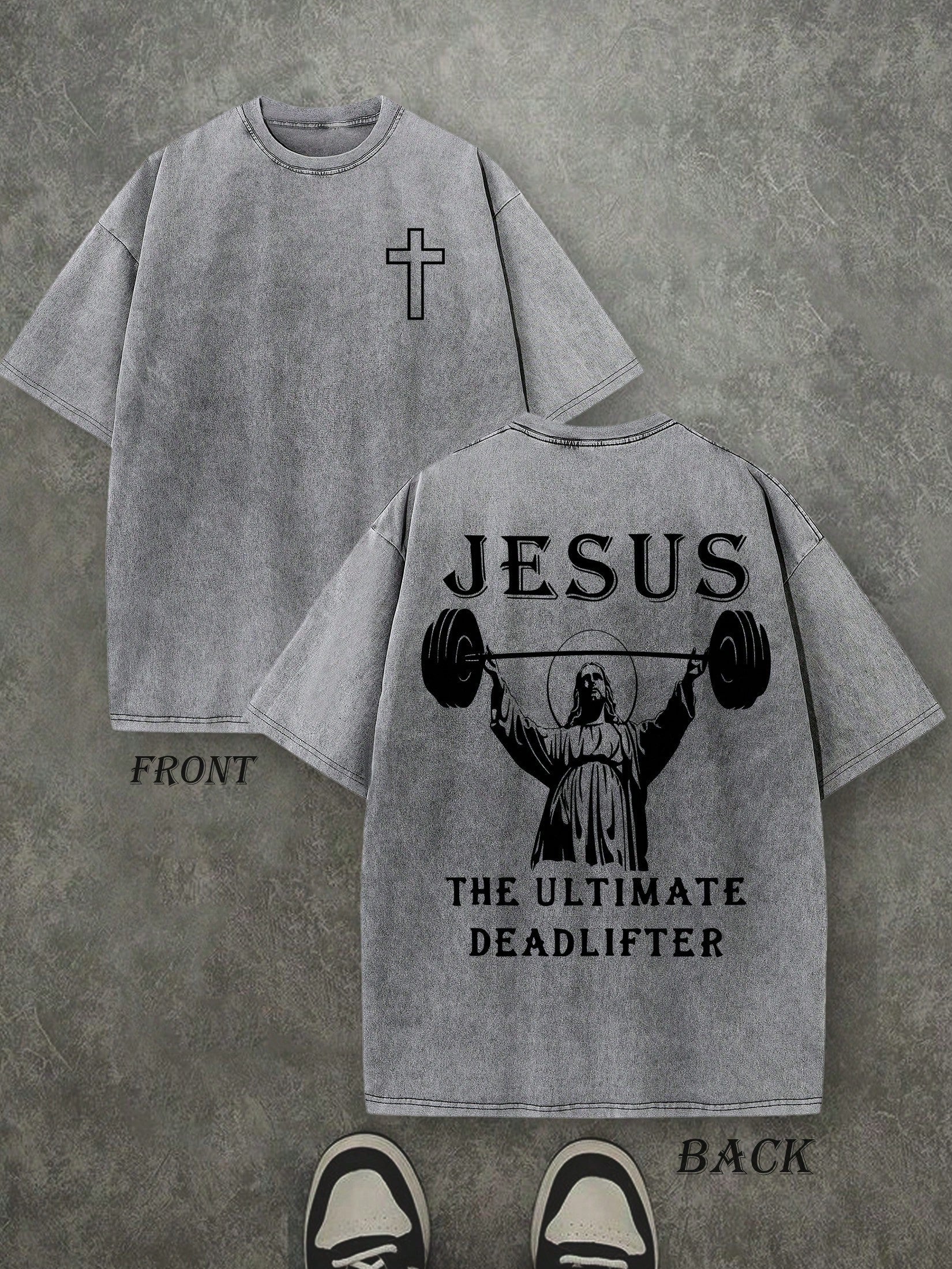 Retro Washed T-Shirt Double Sided Printed (230 Pure Cotton T-Shirt) 'JESUS THE ULTIMATE DEADLIFTER'  Letter And Fitness Pattern Print,  Christian Gift, Fitness Gift, Mens TShirt, Mens Casual, Comfortable, Fashionable T-Shirt, Street Style Cotton