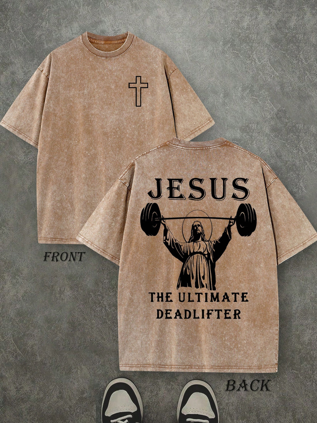 Retro Washed T-Shirt Double Sided Printed (230 Pure Cotton T-Shirt) 'JESUS THE ULTIMATE DEADLIFTER'  Letter And Fitness Pattern Print,  Christian Gift, Fitness Gift, Mens TShirt, Mens Casual, Comfortable, Fashionable T-Shirt, Street Style Cotton