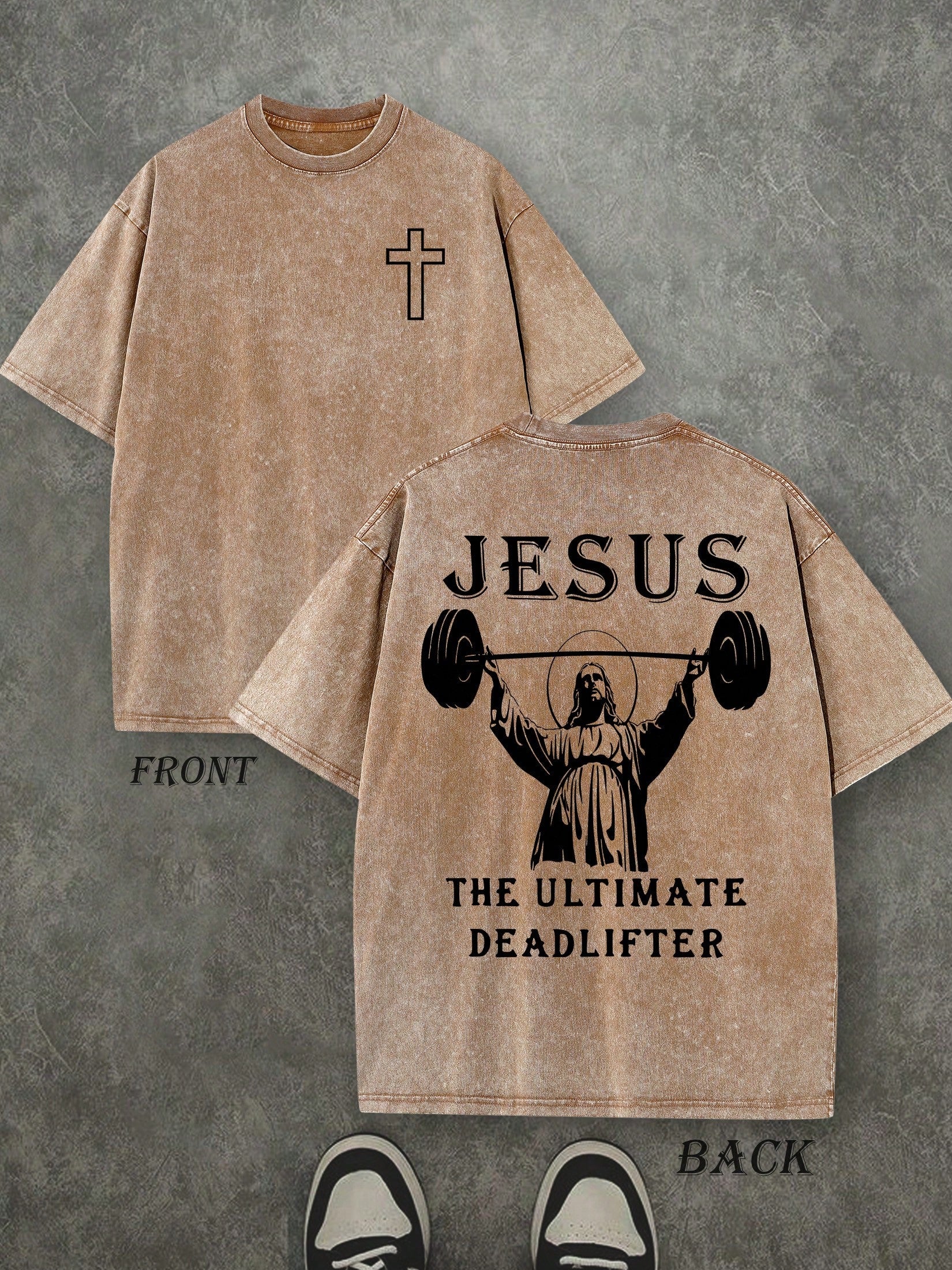 Retro Washed T-Shirt Double Sided Printed (230 Pure Cotton T-Shirt) 'JESUS THE ULTIMATE DEADLIFTER'  Letter And Fitness Pattern Print,  Christian Gift, Fitness Gift, Mens TShirt, Mens Casual, Comfortable, Fashionable T-Shirt, Street Style Cotton