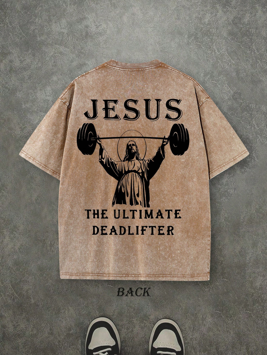 Retro Washed T-Shirt Double Sided Printed (230 Pure Cotton T-Shirt) 'JESUS THE ULTIMATE DEADLIFTER'  Letter And Fitness Pattern Print,  Christian Gift, Fitness Gift, Mens TShirt, Mens Casual, Comfortable, Fashionable T-Shirt, Street Style Cotton