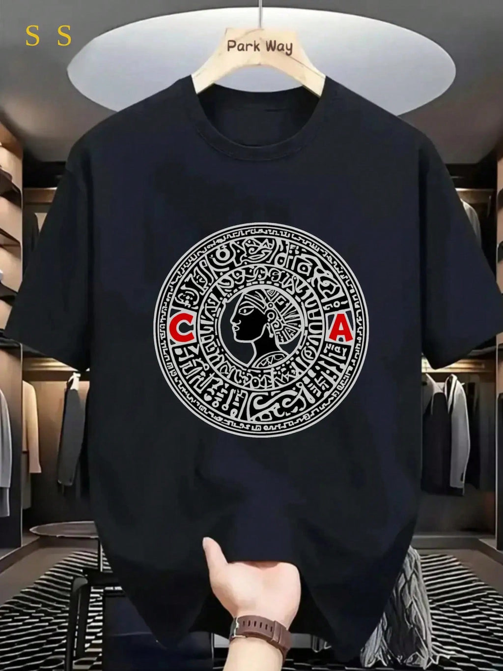 Men's Luxury Brand Graphic T-Shirt - Medusa Logo & Red Letter Print 100% Cotton 200gsm Breathable Summer Tee - Casual Short Sleeve Round Neck Shirt For Men, Summer Tshirt, Graphic Front Tee, Durable Cotton Top