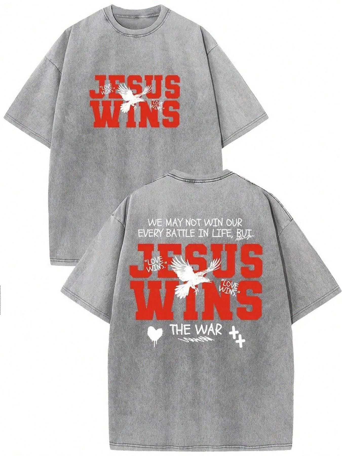 Jesus Won The War Pattern T-Shirt Men's Retro Washed Cotton T-Shirt With Bird Print, Casual Summer Shirt, Perfect Holiday Gift, Round Neck, 230g Double-Sided Washed, Street. DG004SM01
