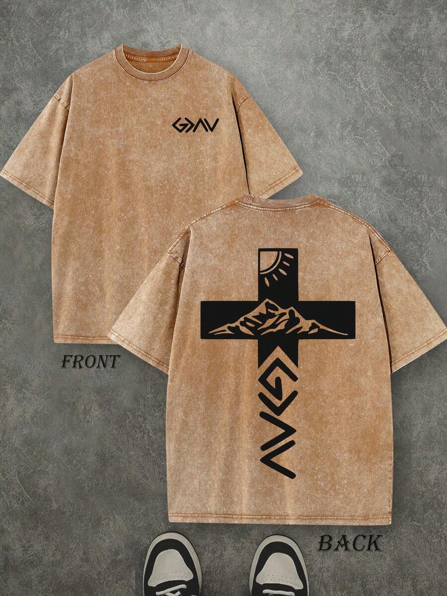 Retro Washed T-Shirt Double Sided Printed (230 Pure Cotton T-Shirt) 'God Is Greater Than Our Highs And Lows'  Letter Print, Christian Gift, Men's T-Shirt, Men's Casual, Comfortable, Fashionable T-Shirt, Street Style Cotton