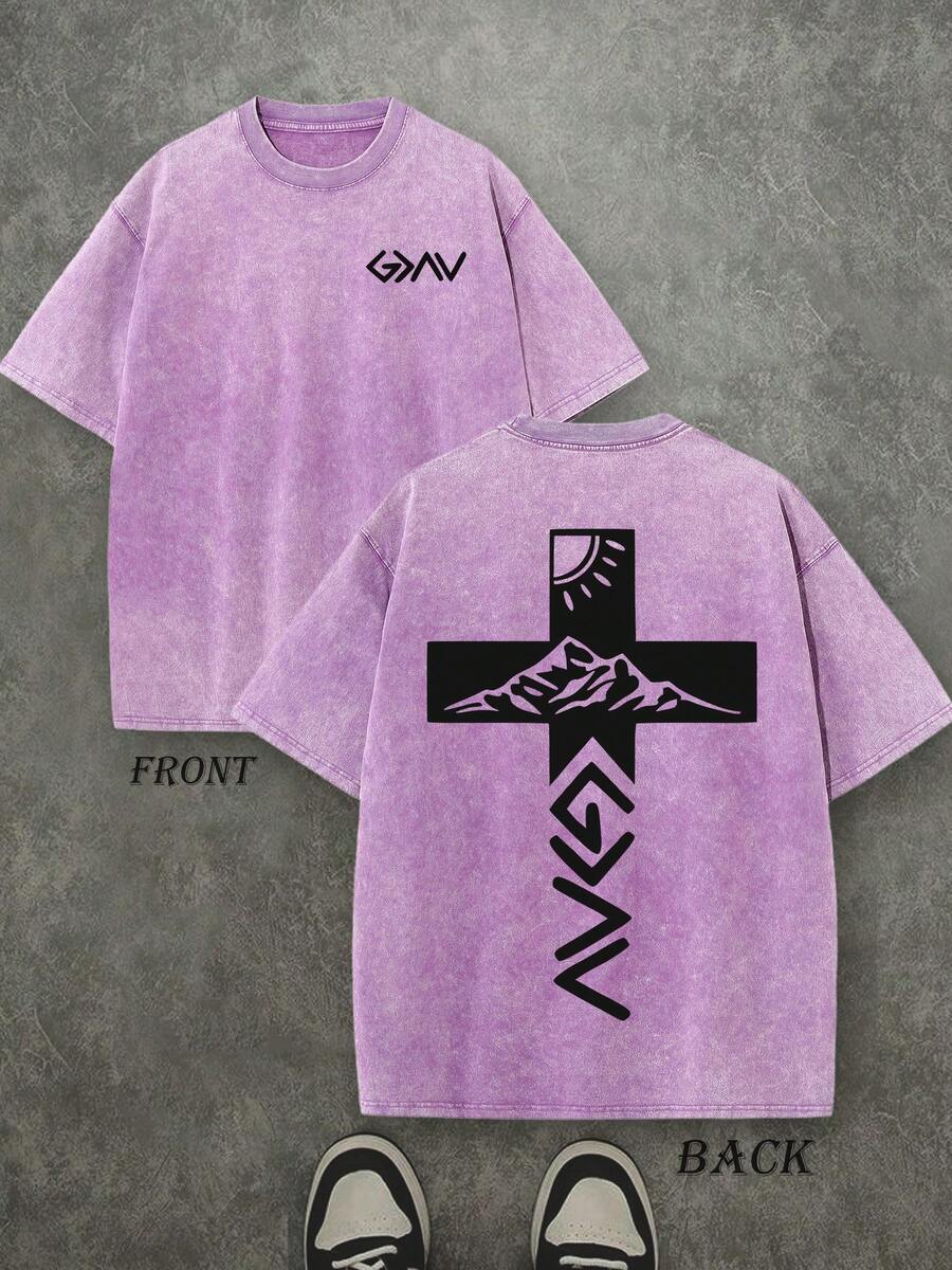 Retro Washed T-Shirt Double Sided Printed (230 Pure Cotton T-Shirt) 'God Is Greater Than Our Highs And Lows'  Letter Print, Christian Gift, Men's T-Shirt, Men's Casual, Comfortable, Fashionable T-Shirt, Street Style Cotton