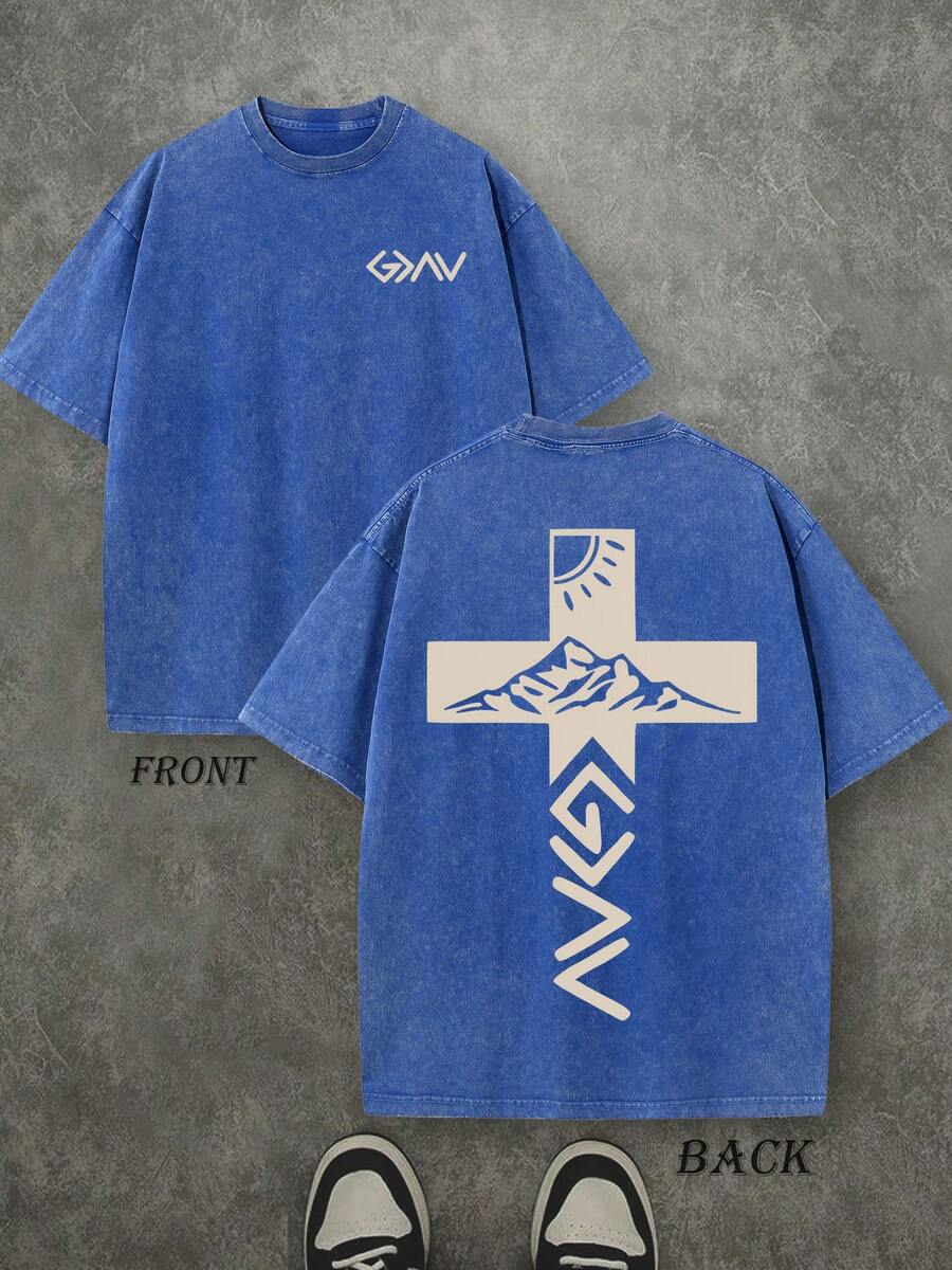 Retro Washed T-Shirt Double Sided Printed (230 Pure Cotton T-Shirt) 'God Is Greater Than Our Highs And Lows'  Letter Print, Christian Gift, Men's T-Shirt, Men's Casual, Comfortable, Fashionable T-Shirt, Street Style Cotton