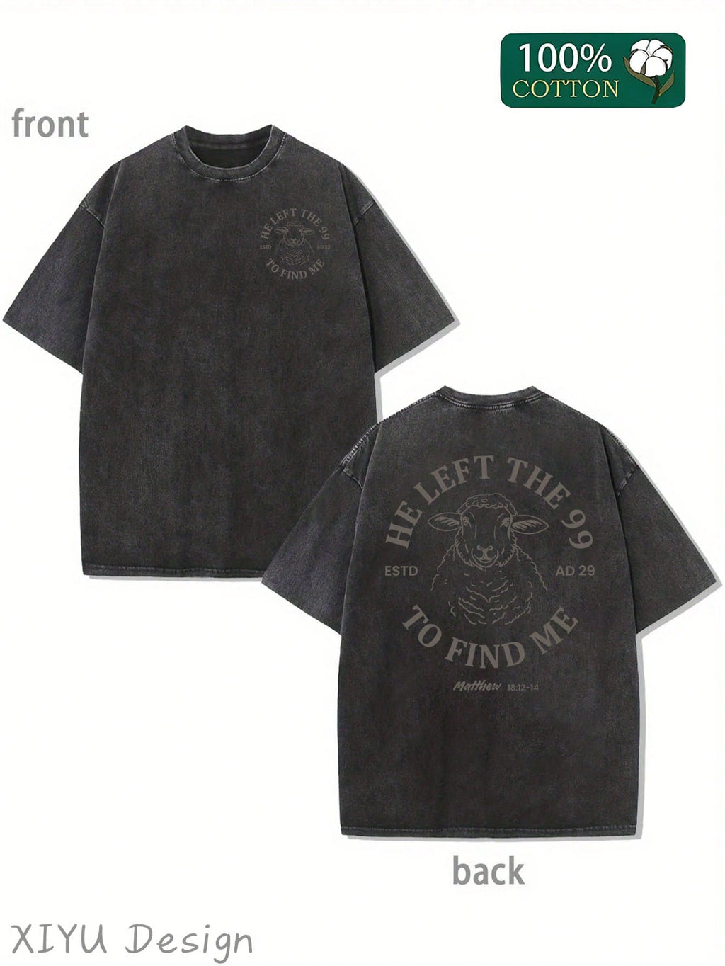 Men's Retro Washed T-Shirt With Lamb And "HE LEFT THE 99 TO FIND ME" Letter Pattern, Comfortable Pure Cotton T-Shirt, Fashionable And Versatile, Daily Casual Wear, Fashionable Design, Street Style