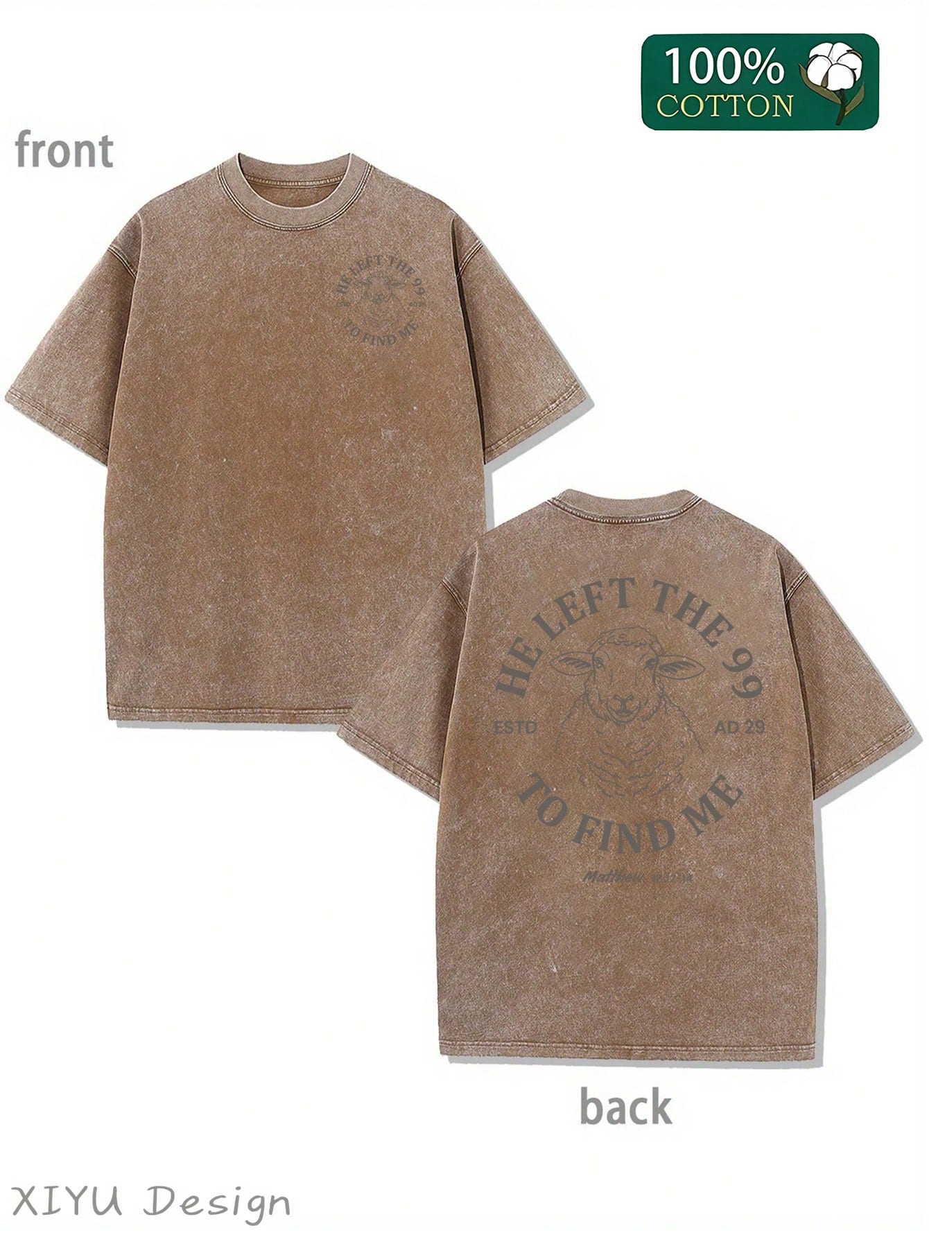 Men's Retro Washed T-Shirt With Lamb And "HE LEFT THE 99 TO FIND ME" Letter Pattern, Comfortable Pure Cotton T-Shirt, Fashionable And Versatile, Daily Casual Wear, Fashionable Design, Street Style