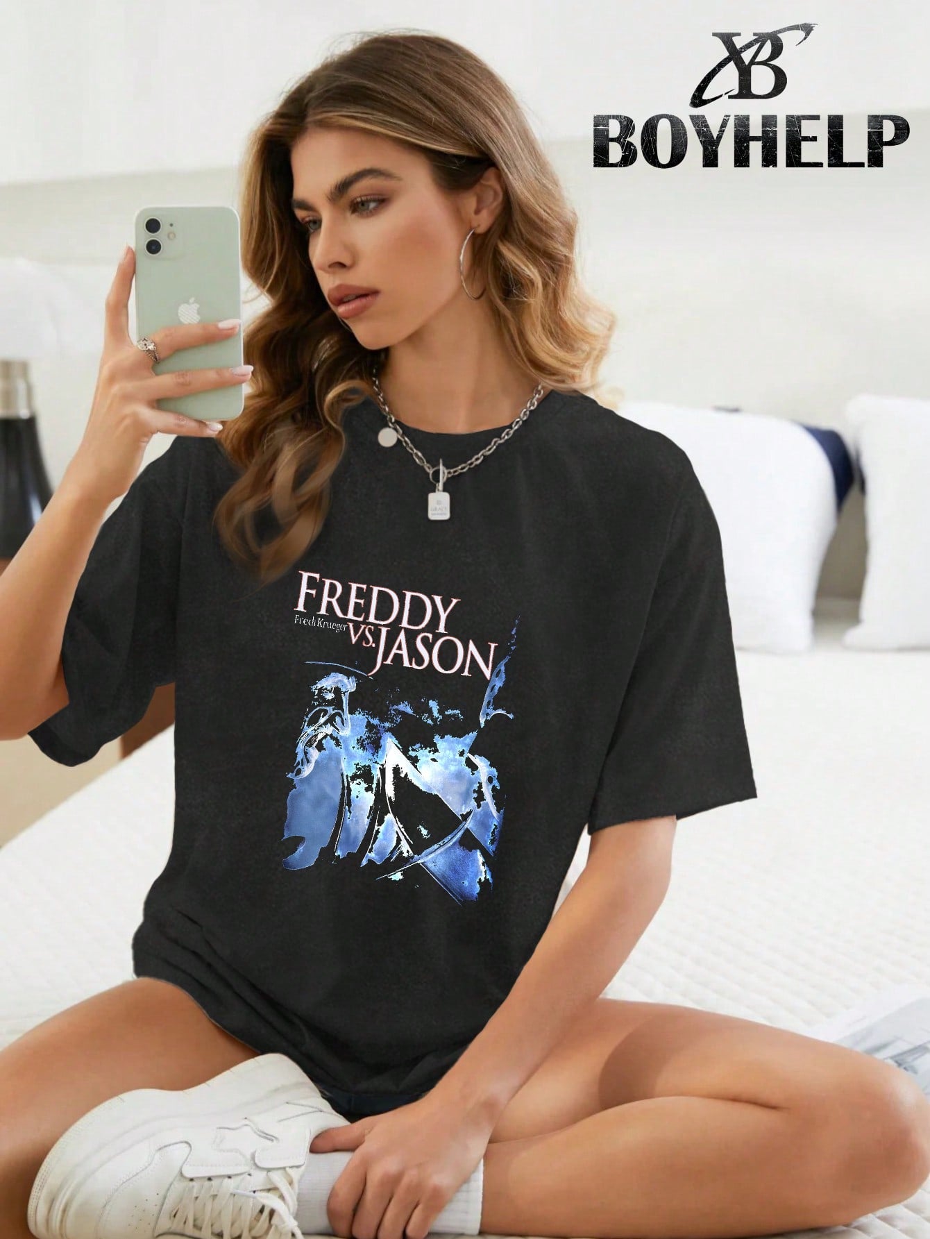 [BOYHELP Brand's New Light Luxury Clothing For Halloween And Christmas, Popular Limited Edition Gift] Brand Hip-Hop Graffiti Handsome Versatile Cute High Street American Washed Vintage T-Shirt Black Halloween Theme Multi Style Printing Casual Daily Wear H