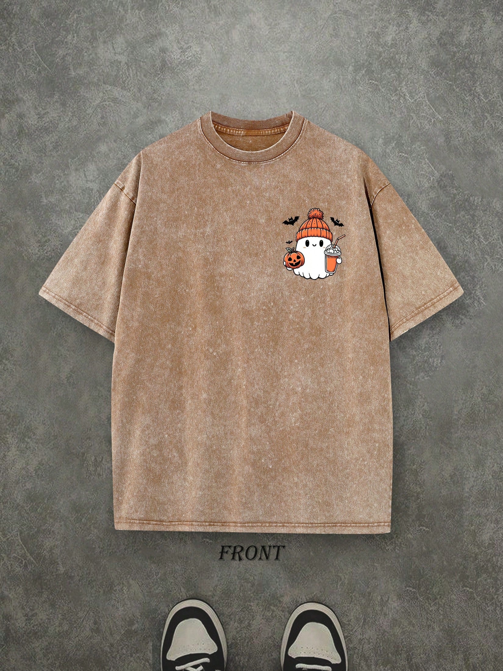 Halloween Cute Ghost Pumpkin Shirt, Halloween Spooky Ghost Drinking Juice TShirt, Vintage Retro Washed Shirt Single-Sided Printed (230 Heavyweight Pure Cotton T-Shirt)  Halloween Pumpkin Shirt, Halloween Gifts, Men's And Women's Shirts, Comfortable, Fashi