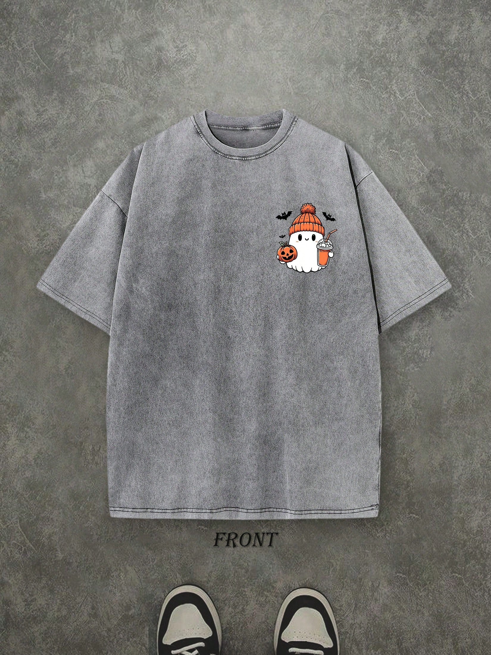 Halloween Cute Ghost Pumpkin Shirt, Halloween Spooky Ghost Drinking Juice TShirt, Vintage Retro Washed Shirt Single-Sided Printed (230 Heavyweight Pure Cotton T-Shirt)  Halloween Pumpkin Shirt, Halloween Gifts, Men's And Women's Shirts, Comfortable, Fashi
