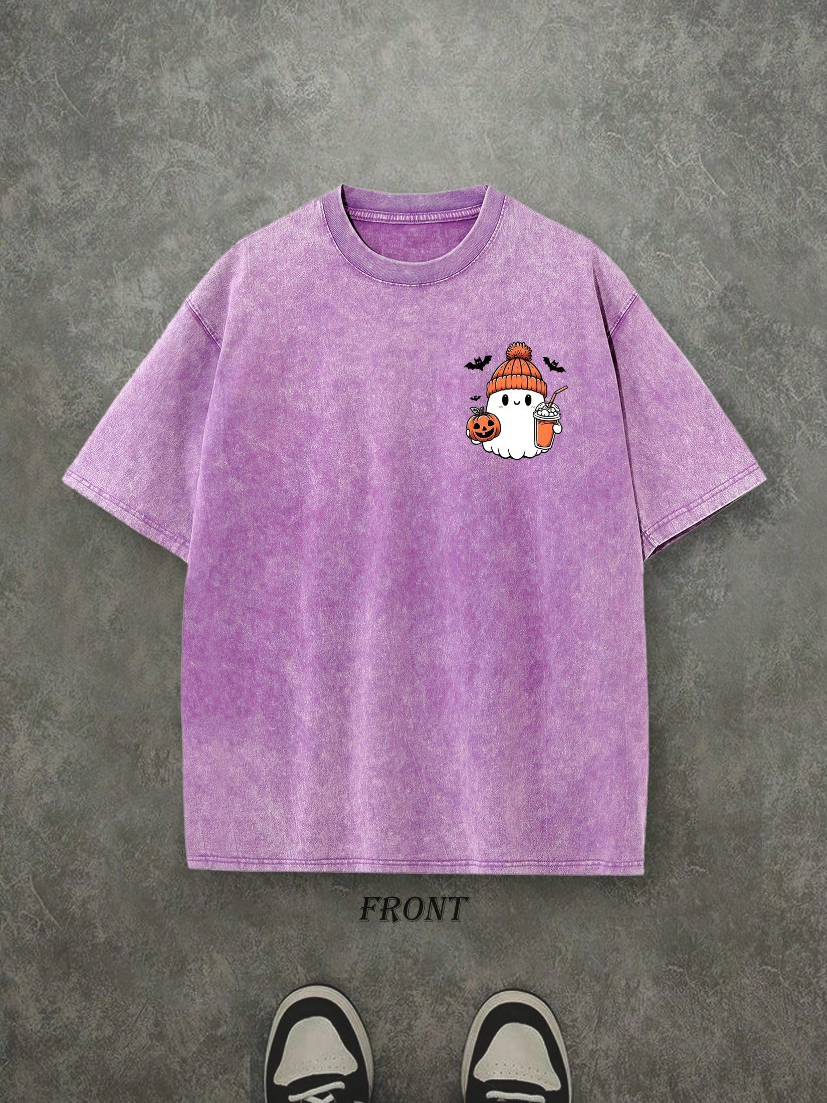 Halloween Cute Ghost Pumpkin Shirt, Halloween Spooky Ghost Drinking Juice TShirt, Vintage Retro Washed Shirt Single-Sided Printed (230 Heavyweight Pure Cotton T-Shirt)  Halloween Pumpkin Shirt, Halloween Gifts, Men's And Women's Shirts, Comfortable, Fashi