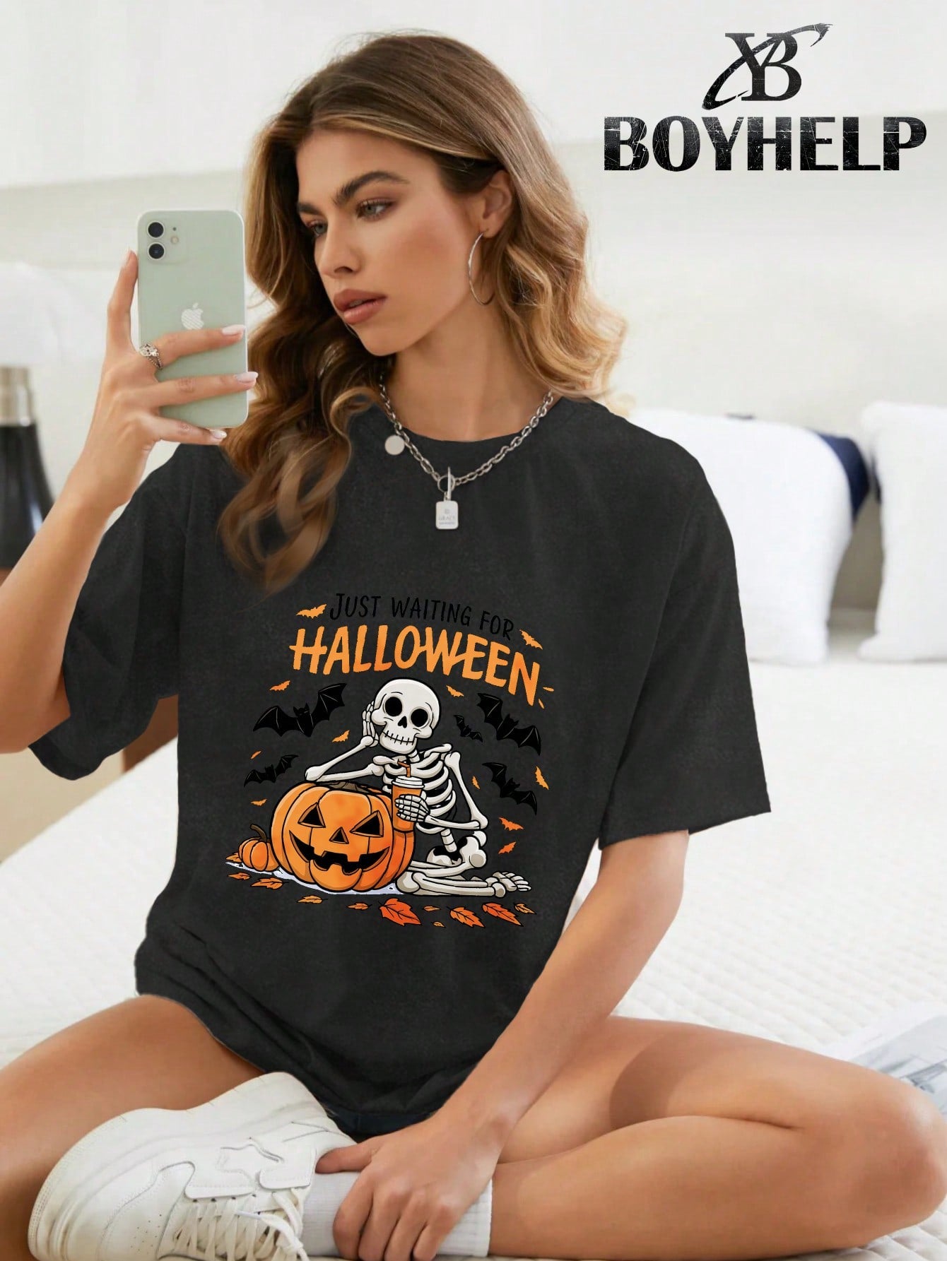 [BOYHELP Brand's New Light Luxury Clothing For Halloween And Christmas, Popular Limited Edition Gift] Brand Hip-Hop Graffiti Handsome Versatile Cute High Street American Washed Vintage T-Shirt Black Halloween Theme Multi Style Printing Casual Daily Wear H