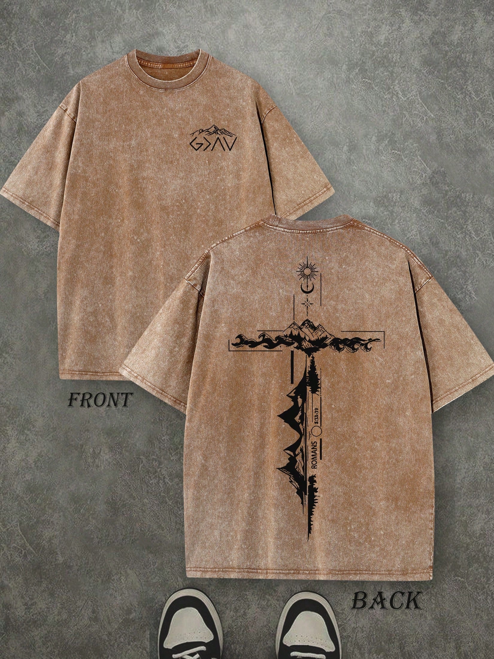 Christian Shirt, Retro Washed T-Shirt Double Sided Printed (230 Pure Cotton T-Shirt) 'ROMANS' God Is Greater Than Our Highs And Lows Christian Gift Letter Print, Men's T-Shirt, Men's Casual, Comfortable, Fashionable T-Shirt, Street Style Cotton