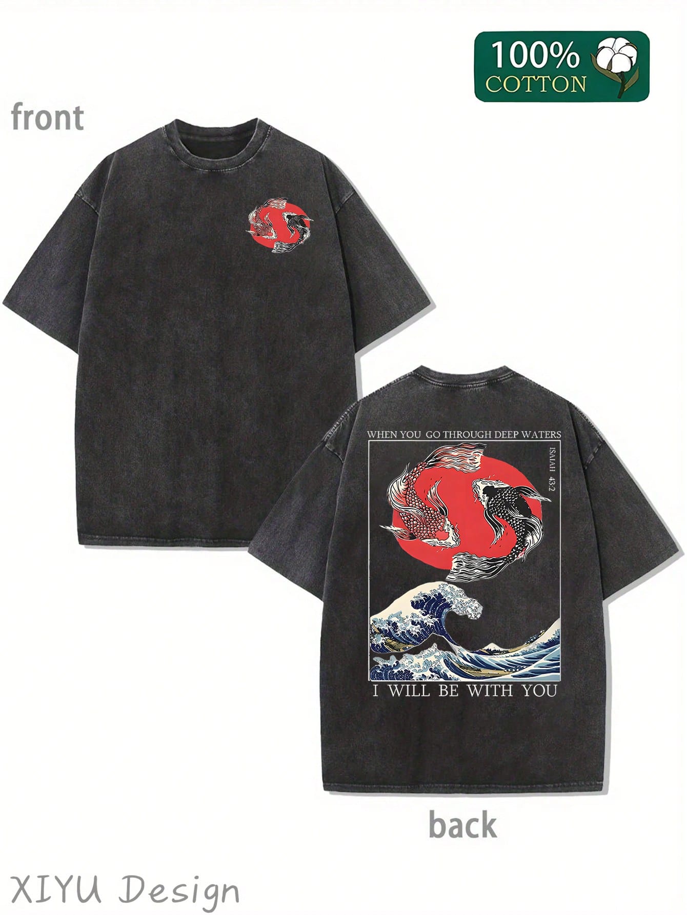 Men's Retro Washed T-Shirt With Koi, Waves, And Red Sun Patterns, "WHEN YOU GO THOUGH DEEP WATERS, I WILL BE WITH YOU", Featuring Religious And Japanese Ukiyo-E Elements, Suitable For Daily Outings And Cultural Themed Occasions, Comfortable Pure Cotton T-