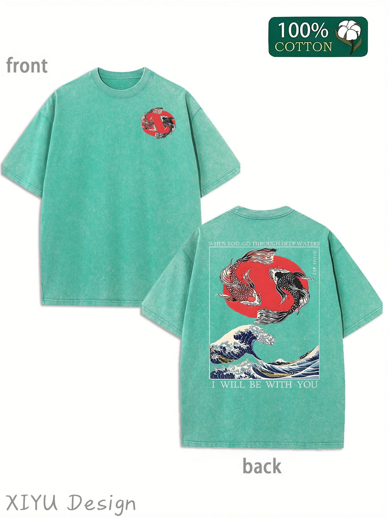 Men's Retro Washed T-Shirt With Koi, Waves, And Red Sun Patterns, "WHEN YOU GO THOUGH DEEP WATERS, I WILL BE WITH YOU", Featuring Religious And Japanese Ukiyo-E Elements, Suitable For Daily Outings And Cultural Themed Occasions, Comfortable Pure Cotton T-