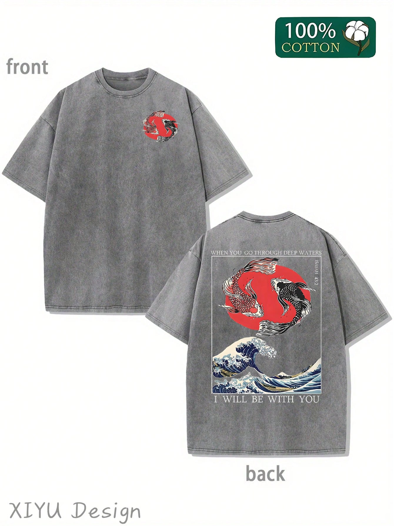Men's Retro Washed T-Shirt With Koi, Waves, And Red Sun Patterns, "WHEN YOU GO THOUGH DEEP WATERS, I WILL BE WITH YOU", Featuring Religious And Japanese Ukiyo-E Elements, Suitable For Daily Outings And Cultural Themed Occasions, Comfortable Pure Cotton T-