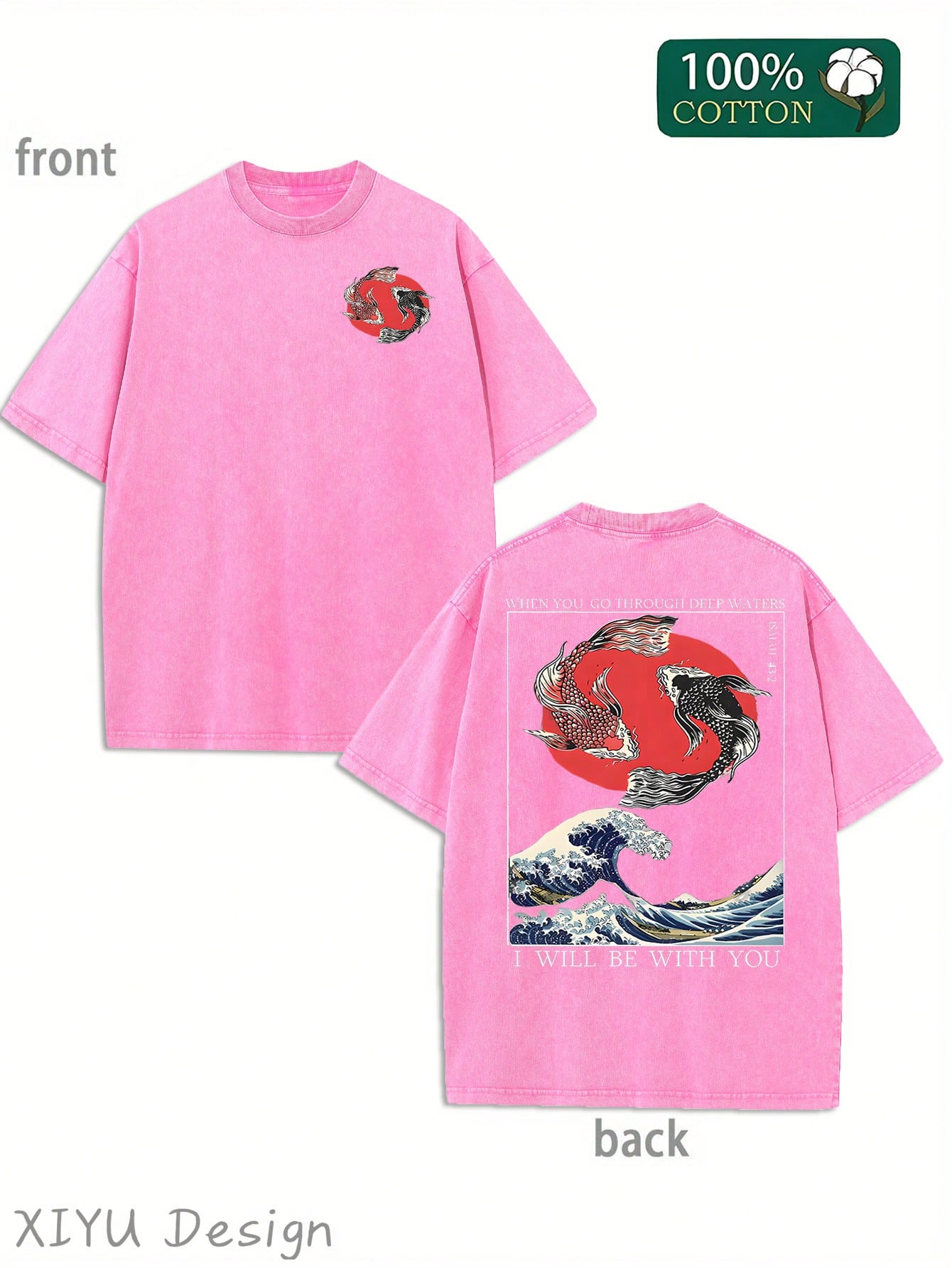 Men's Retro Washed T-Shirt With Koi, Waves, And Red Sun Patterns, "WHEN YOU GO THOUGH DEEP WATERS, I WILL BE WITH YOU", Featuring Religious And Japanese Ukiyo-E Elements, Suitable For Daily Outings And Cultural Themed Occasions, Comfortable Pure Cotton T-