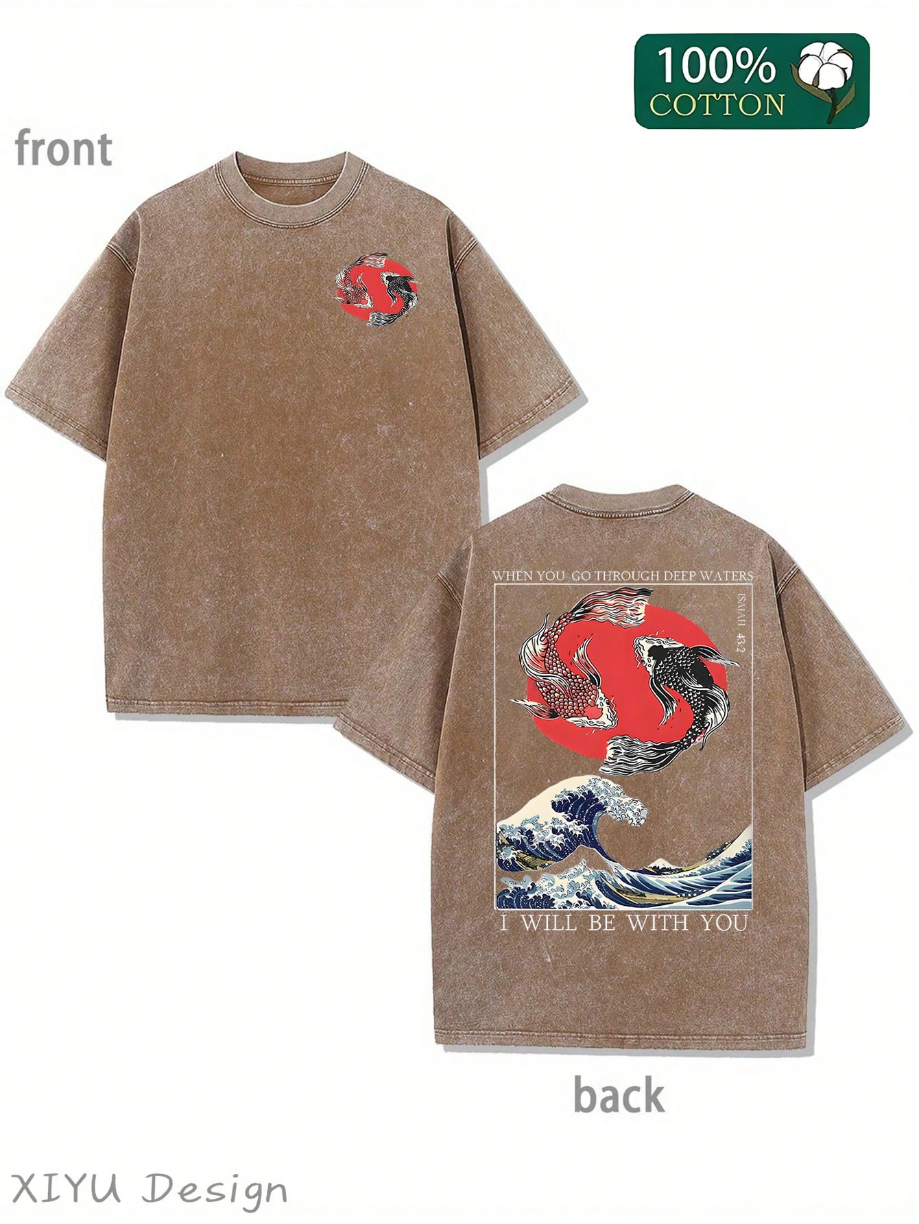 Men's Retro Washed T-Shirt With Koi, Waves, And Red Sun Patterns, "WHEN YOU GO THOUGH DEEP WATERS, I WILL BE WITH YOU", Featuring Religious And Japanese Ukiyo-E Elements, Suitable For Daily Outings And Cultural Themed Occasions, Comfortable Pure Cotton T-