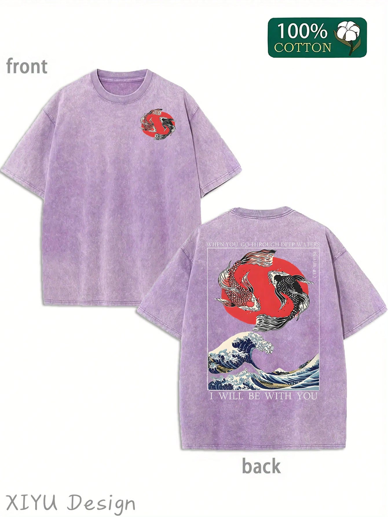 Men's Retro Washed T-Shirt With Koi, Waves, And Red Sun Patterns, "WHEN YOU GO THOUGH DEEP WATERS, I WILL BE WITH YOU", Featuring Religious And Japanese Ukiyo-E Elements, Suitable For Daily Outings And Cultural Themed Occasions, Comfortable Pure Cotton T-
