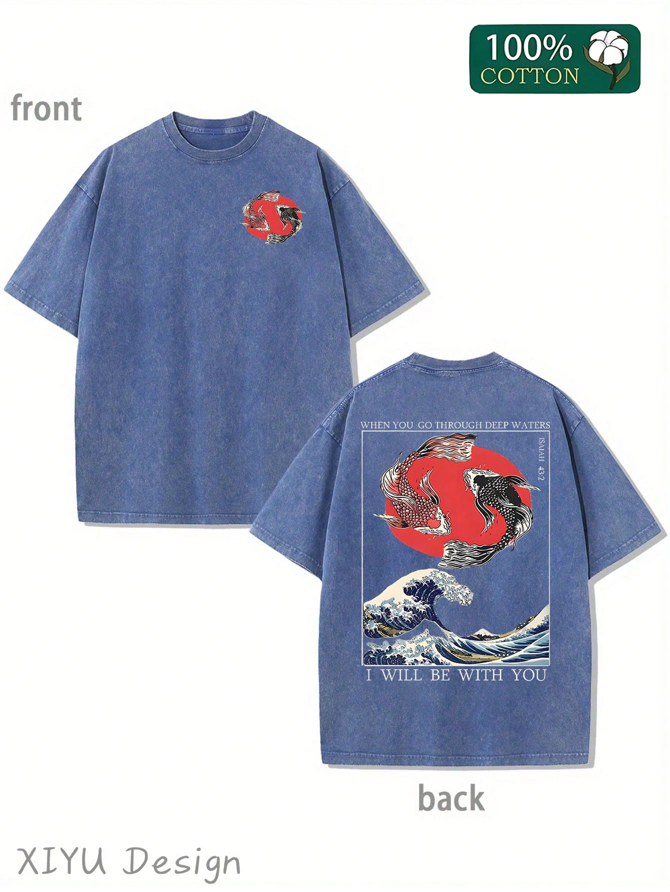 Men's Retro Washed T-Shirt With Koi, Waves, And Red Sun Patterns, "WHEN YOU GO THOUGH DEEP WATERS, I WILL BE WITH YOU", Featuring Religious And Japanese Ukiyo-E Elements, Suitable For Daily Outings And Cultural Themed Occasions, Comfortable Pure Cotton T-