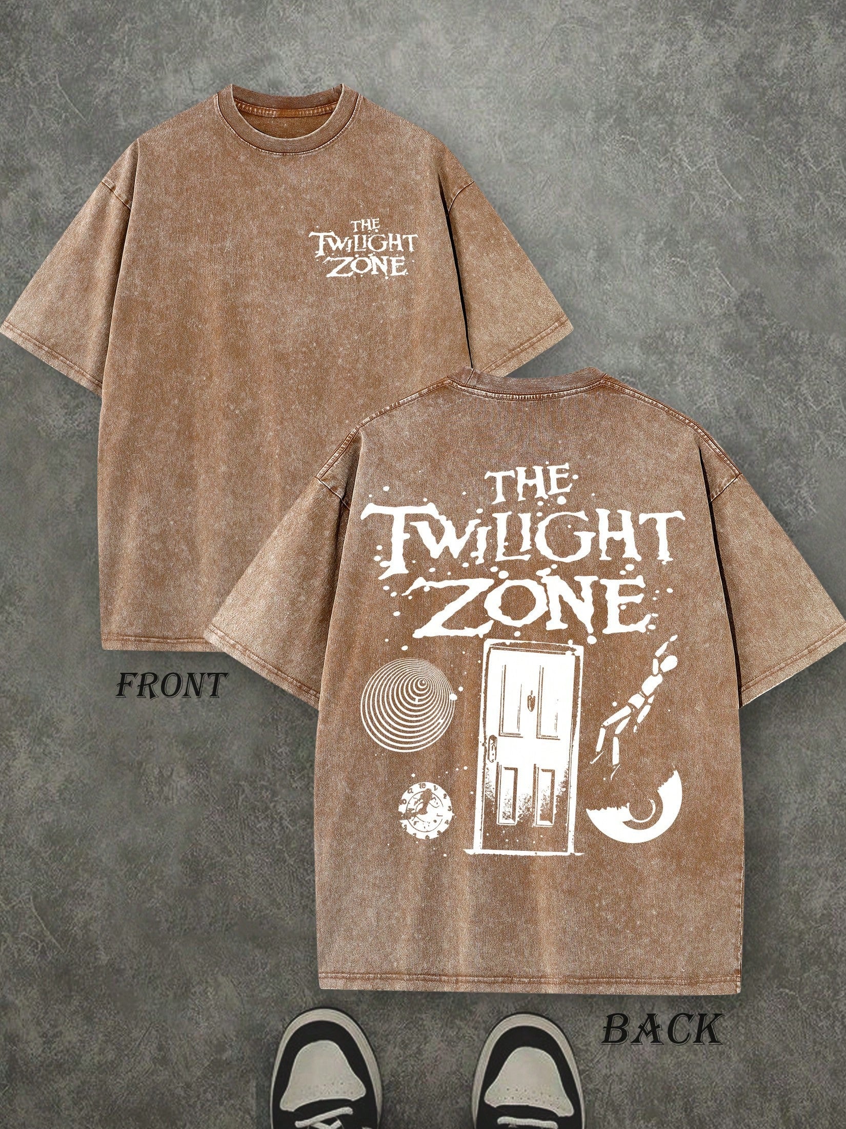Retro Washed T-Shirt Double Sided Printed (230 Pure Cotton T-Shirt) 'THE TWILIGHT ZONE'  Letter And Beer Pattern Print, Men's T-Shirt, Men's Casual, Comfortable, Fashionable T-Shirt, Street Style Cotton