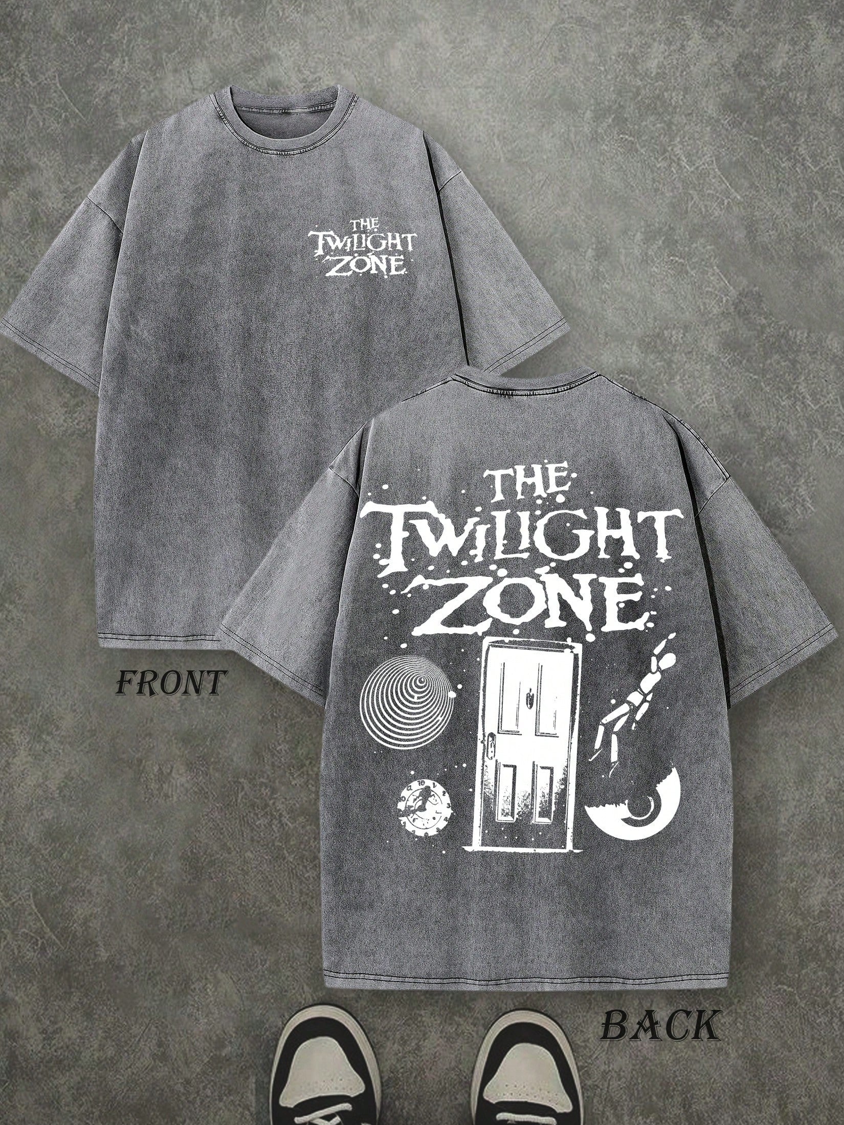Retro Washed T-Shirt Double Sided Printed (230 Pure Cotton T-Shirt) 'THE TWILIGHT ZONE'  Letter And Beer Pattern Print, Men's T-Shirt, Men's Casual, Comfortable, Fashionable T-Shirt, Street Style Cotton
