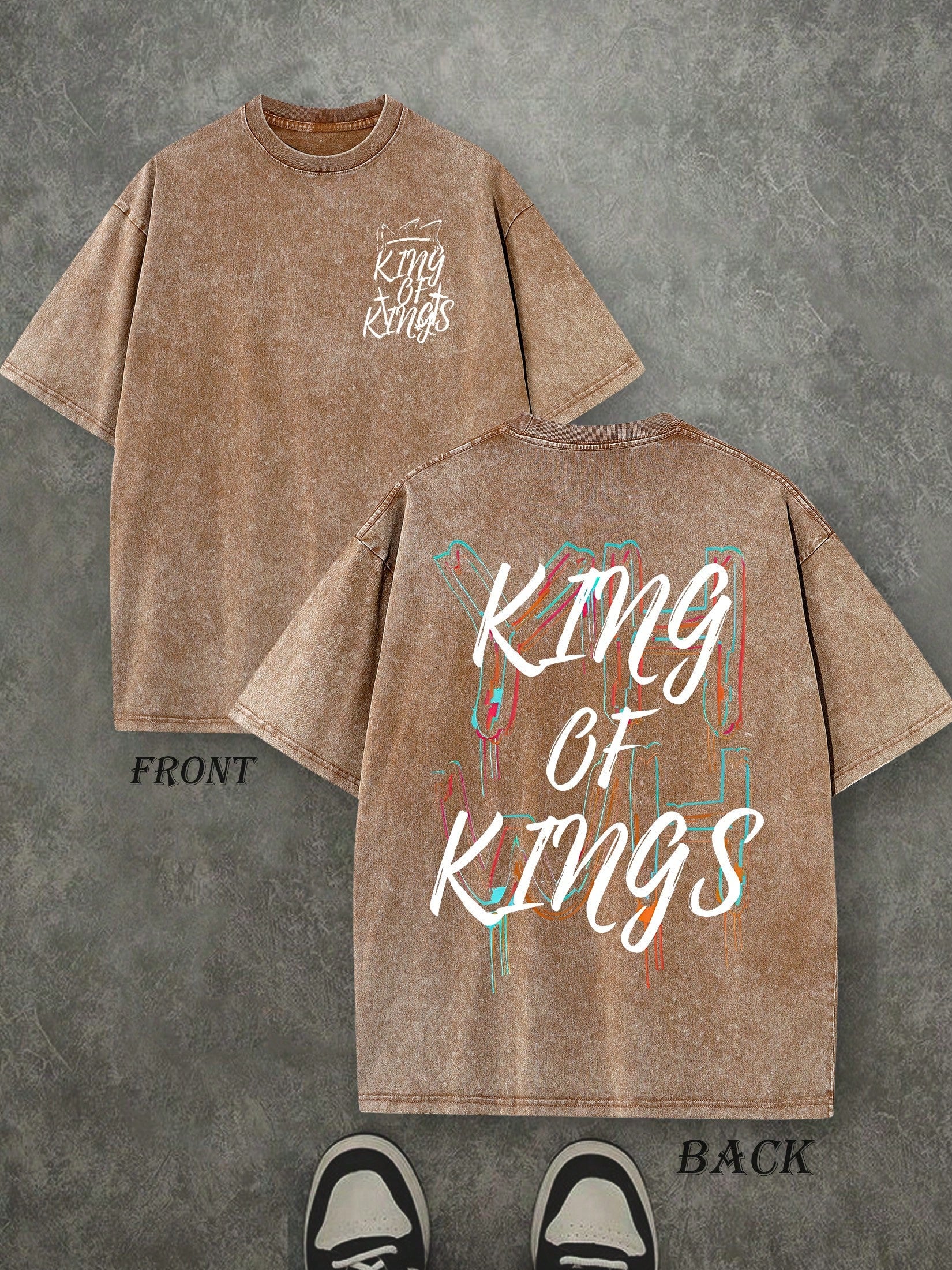 Retro Washed T-Shirt Double Sided Printed (230 Pure Cotton T-Shirt) 'YHWH KING OF KINGS'  Letter And Crown Pattern Print, Men's T-Shirt, Men's Casual, Comfortable, Fashionable T-Shirt, Street Style Cotton