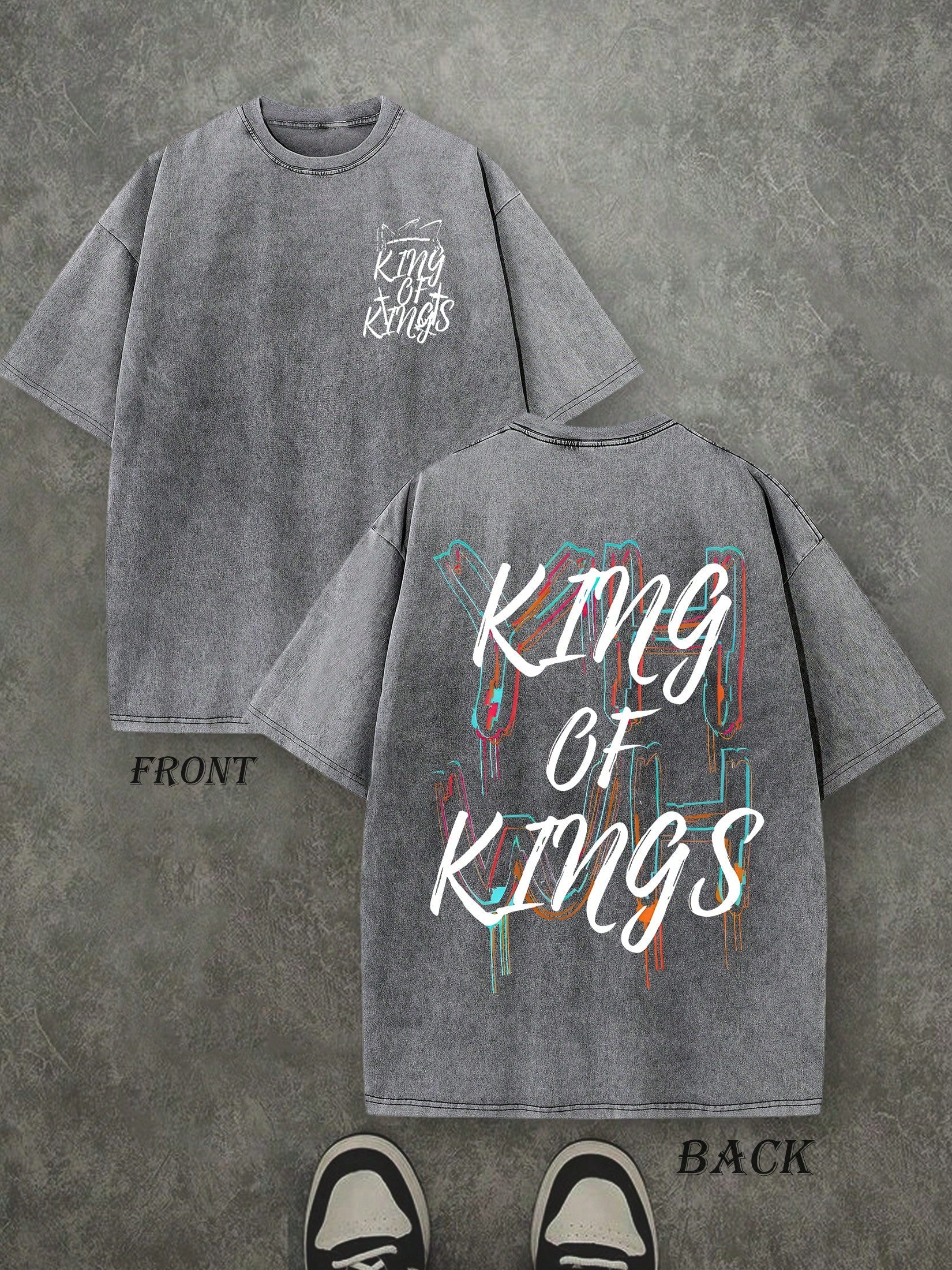 Retro Washed T-Shirt Double Sided Printed (230 Pure Cotton T-Shirt) 'YHWH KING OF KINGS'  Letter And Crown Pattern Print, Men's T-Shirt, Men's Casual, Comfortable, Fashionable T-Shirt, Street Style Cotton